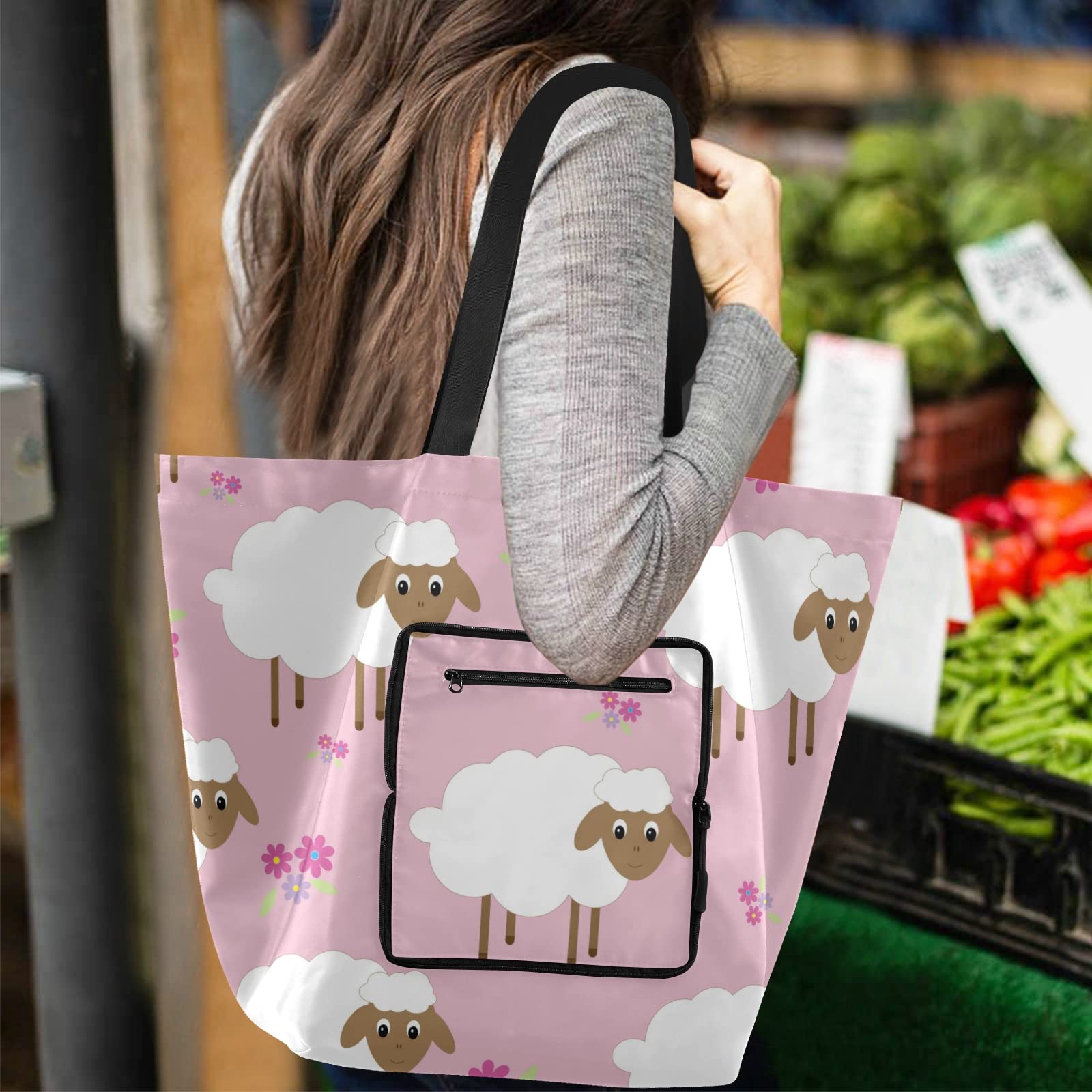 ALAZA Cute Sheep Print Large Pink Tote Bag - Reusable Foldable Grocery Shopping Bag with Handles for Women, Lightweight Shoulder Bag for Outdoor Picnic, Travel, Beach & Daily Use