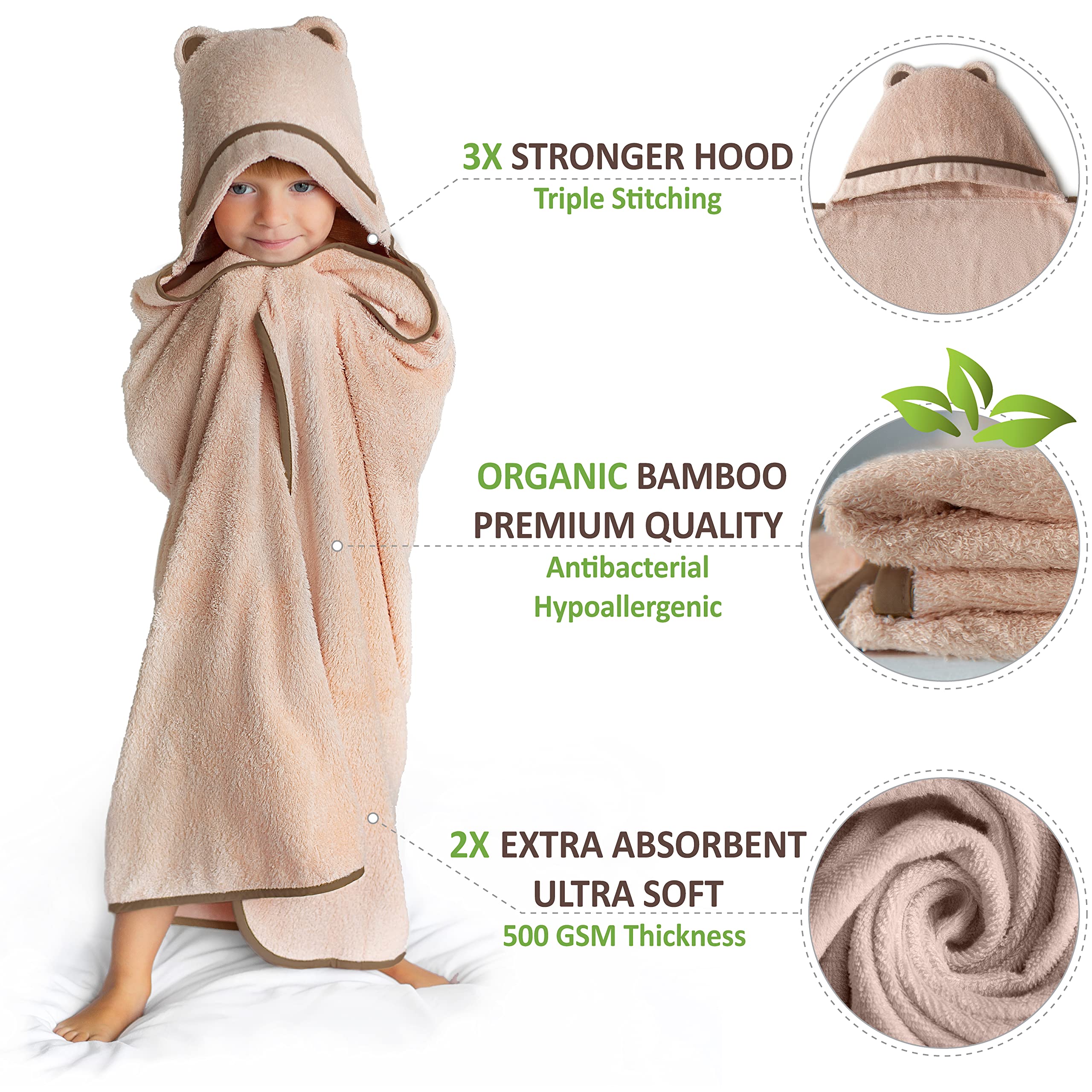 Premium Bamboo Rayon Hooded Toddler Towels - Soft & Absorbent Baby Bath Towel for Boys & Girls - Large Size for Toddlers & Kids - Perfect for Bath Time, Swimming & Beach (Beige)
