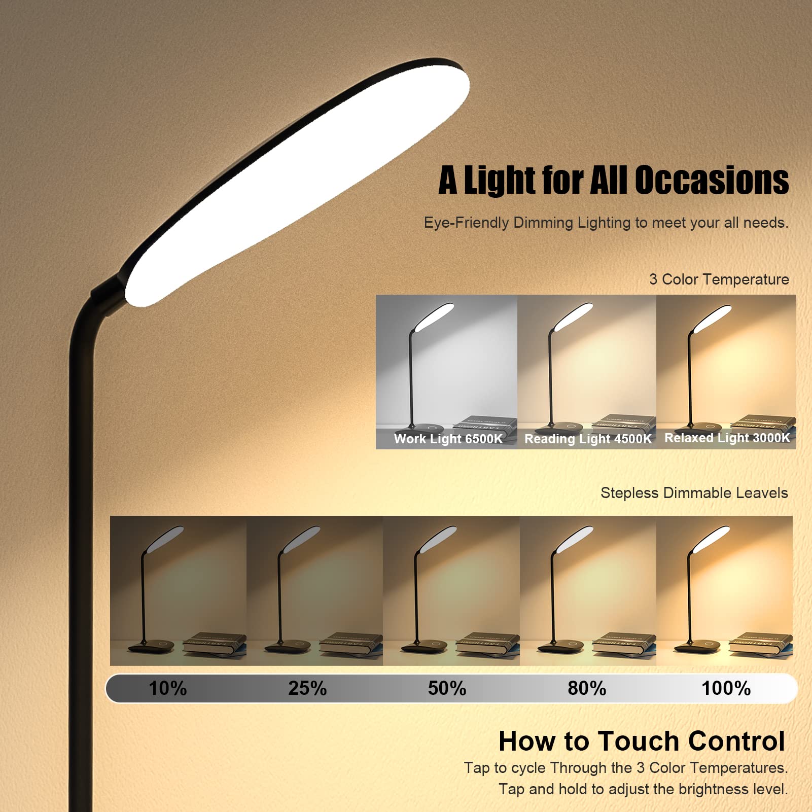 DEEPLITE Battery Operated LED Desk Lamp - 3 Stepless Dimming Modes, 5W Touch Control Eye-Caring Light with Flexible Gooseneck, Portable Reading Light for Study, Office, Dorm & Bedroom (Set of 2) - Perfect for Night Reading, Home Office Work and College Student Study Sessions