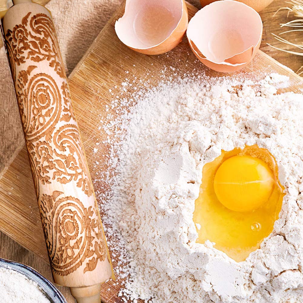 Paisley Wooden Rolling Pin - Fashion Embossed Baking Tool for Cookies, Pastries, Pizza & Fondant - Perfect for Wedding Gifts, Holidays & DIY Crafts - Ideal for Home Baking, Cake Decorating and Clay Modeling
