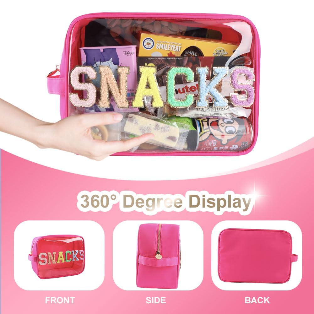 Large Clear Glitter Snack Bags - Reusable TPU & Nylon Snack Pouches for Travel, School & Work - Preppy Transparent Food Storage Bags for Women & Kids (Hot Pink) - Perfect for Lunch, Snacks, Candy & On-the-Go Organization
