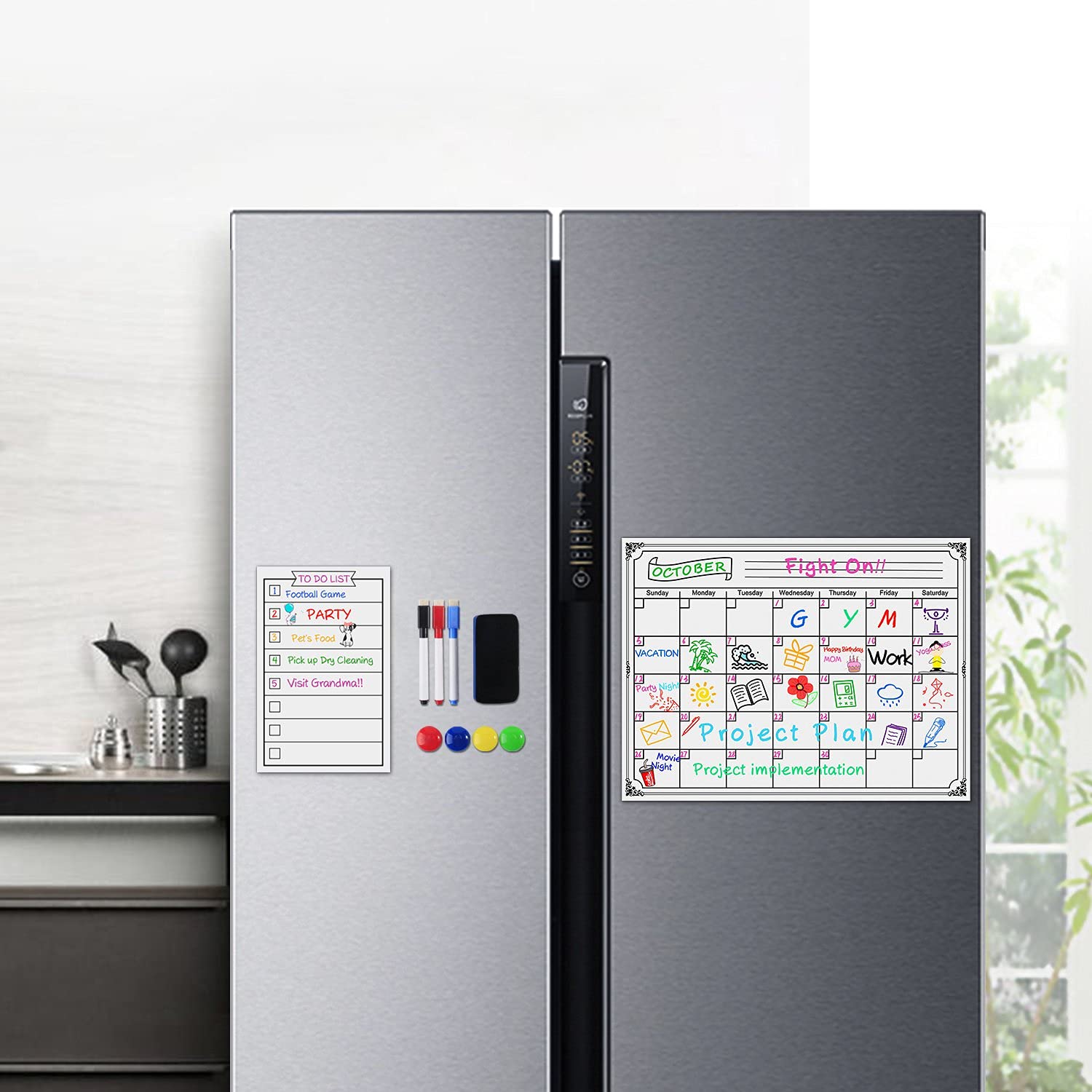 2025 Magnetic Refrigerator Calendar Whiteboard - Monthly Planner & Memo Board for Family Organization, Grocery Lists & Reminders (10-Piece Dry Erase Set) - Perfect for Kitchen, Office & Home Organization