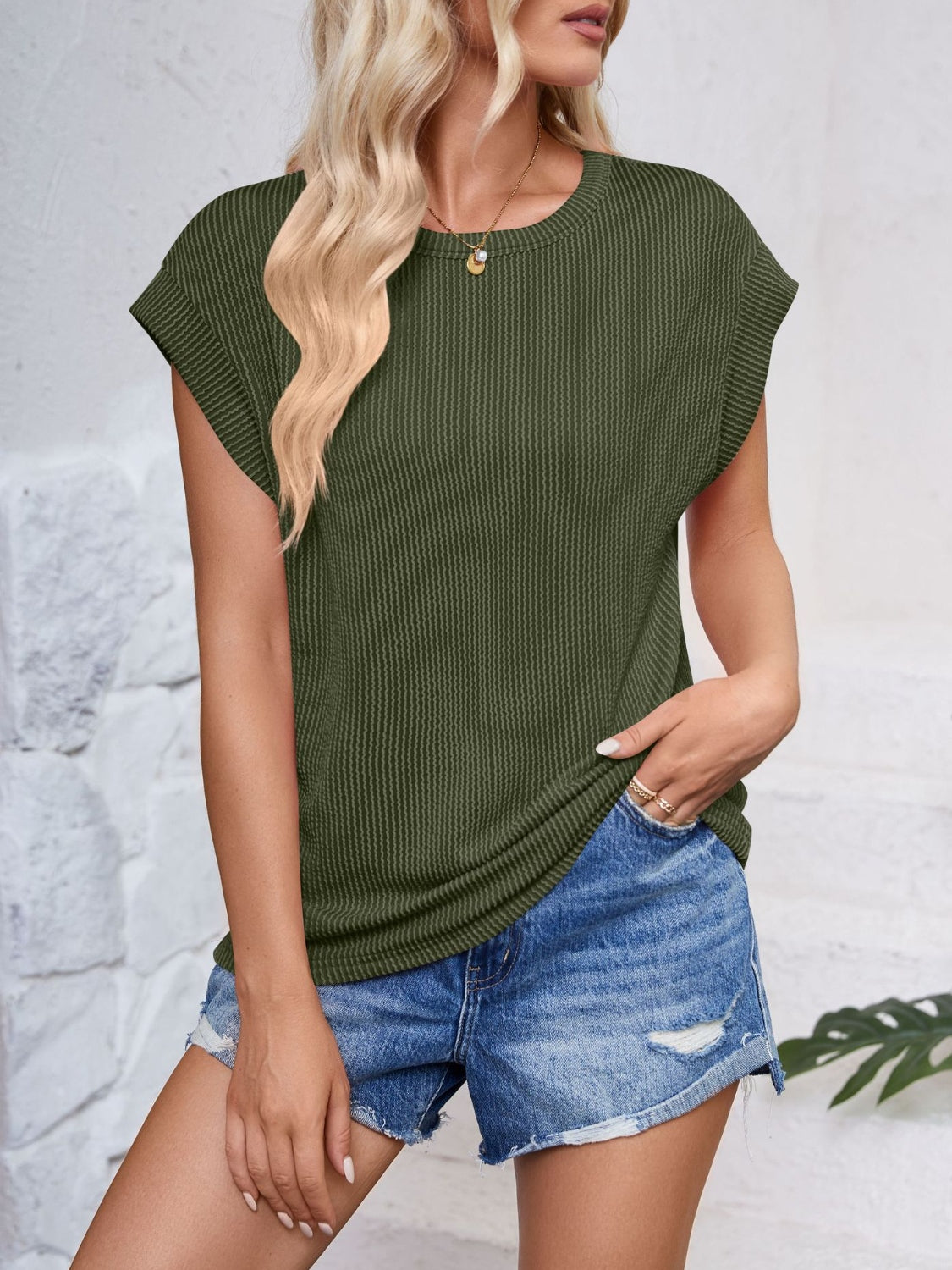 Lovelet Textured Round Neck Cap Sleeve Blouse for Women - Elegant Casual Top for Office, Date Night & Summer Outfits