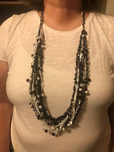 White and Black Yarn Necklace with Pony Beads - Handmade Bohemian Trellis Jewelry for Women - Perfect for Festivals, Parties and Boho Fashion Accessories