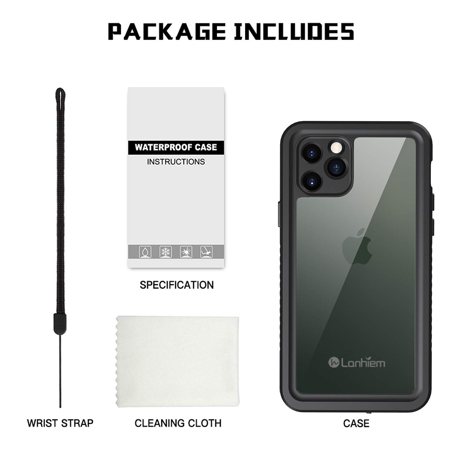 **Lanhiem iPhone 11 Pro Max Case - IP68 Waterproof & Dustproof Heavy Duty Full Body Protection with Built-in Screen Protector, Clear Back Phone Cover (Black) - Perfect for Outdoor, Sports & Extreme Activities**