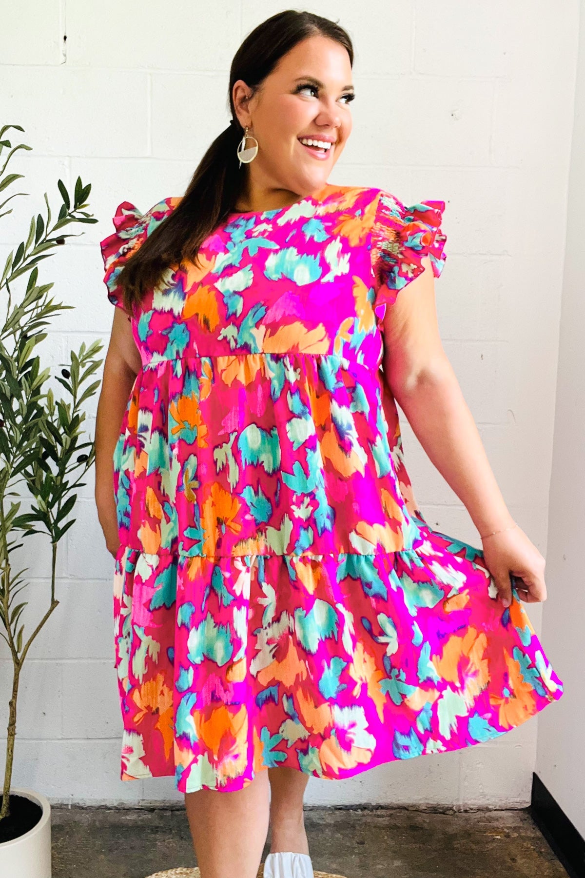 Look of Love Fuchsia Abstract Floral Print Smocked Ruffle Sleeve Dress - Elegant Women's Party & Wedding Guest Dress for Special Occasions