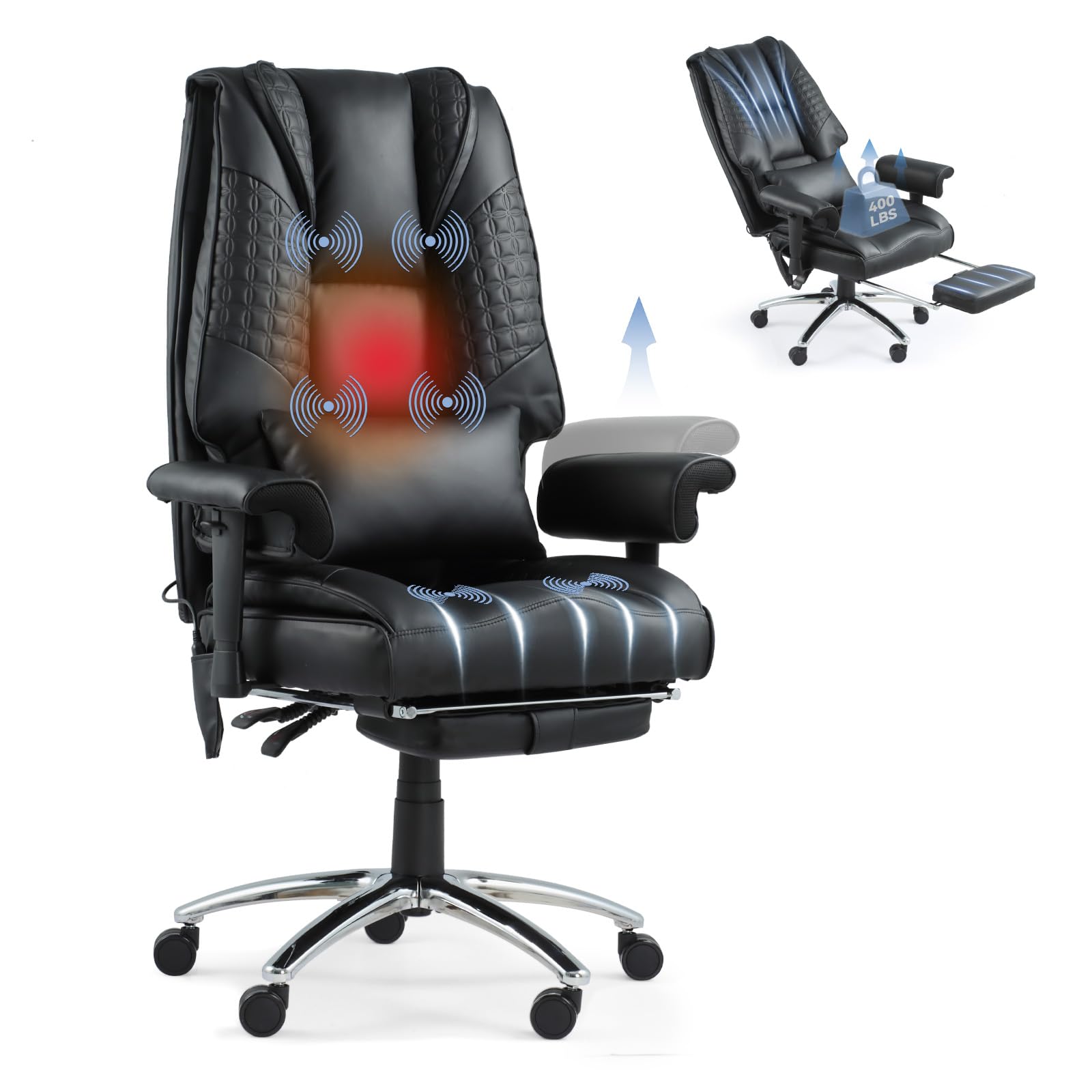 Big and Tall Office Chair with 6-Point Massage & Heating - Ergonomic Reclining Executive Chair with Lumbar Support for Home & Office Workspace Comfort