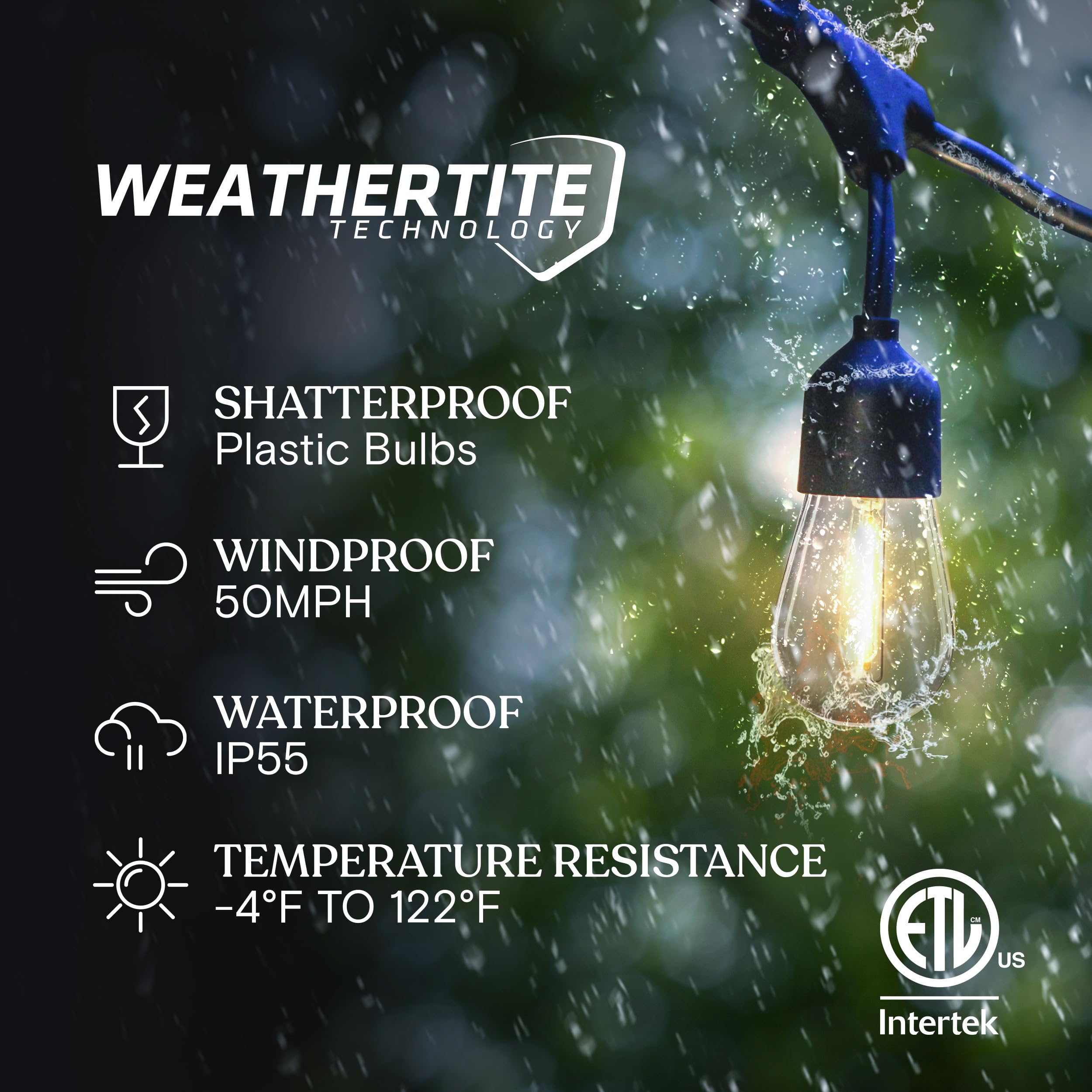 Brightech Ambience Pro Solar Powered Outdoor String Lights - 48 ft Commercial Grade Waterproof LED Patio Lights with 15 Shatterproof Edison Bulbs, Warm White (1W) - Perfect for Backyard, Garden, Deck, Porch & Outdoor Parties