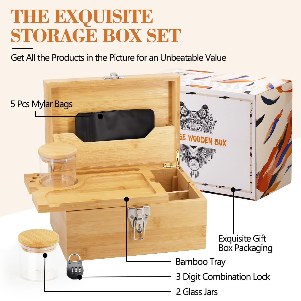 Large Bamboo Storage Box with Combination Lock - Decorative Locking Box with Detachable Compartment, Removable Tray, Jars & Resealable Bags - Perfect for Holiday Gifts, Jewelry Organizer, Home Decor & Office Storage