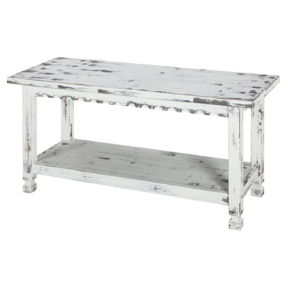 Alaterre Furniture 36in Country Cottage Bench with Storage Shelf - Distressed Pine and Acacia Wood Entryway Bench for Farmhouse Decor - Perfect for Hallway, Bedroom or Mudroom Organization (White Antique Finish) - Ideal for Small Space Storage and Rustic Home Decor