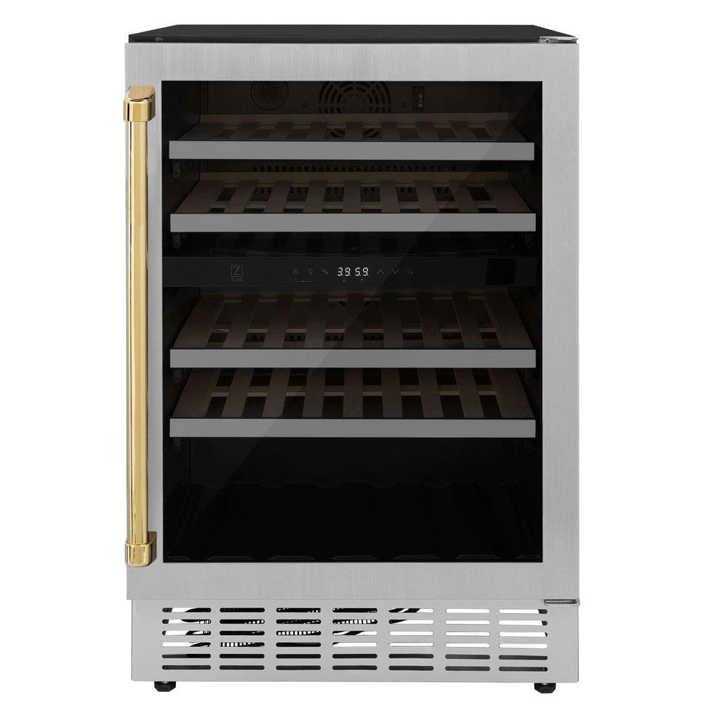 ZLINE Autograph Edition 24 Inch Stainless Steel Dual Zone Wine Cooler - 44 Bottle Capacity with Polished Gold Accents (RWVZ UD 24 G) - Perfect for Home Bars, Wine Cellars & Entertaining Spaces