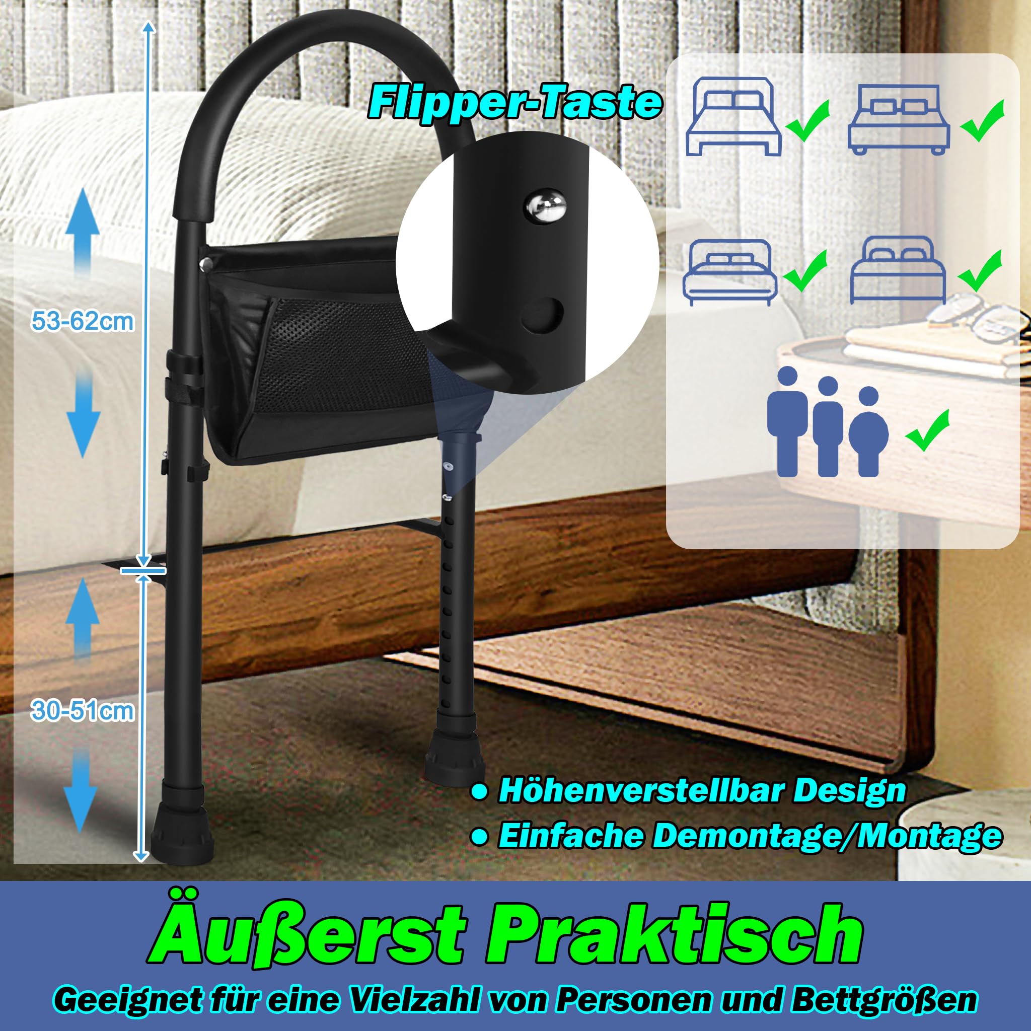 Adjustable Bed Assist Rail for Seniors - Height Adjustable Safety Handles, Elderly Mobility Aid for Getting In & Out of Bed - Ideal for Home Care, Nursing Homes & Daily Living Assistance