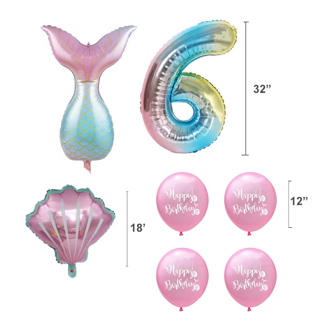 7pcs Mermaid Balloons Number 6 - 1st 2nd 3rd Birthday Party Decorations for Girls, Mermaid Tail Themed Party Supplies - Perfect for Birthday Celebrations, Baby Showers & Themed Events