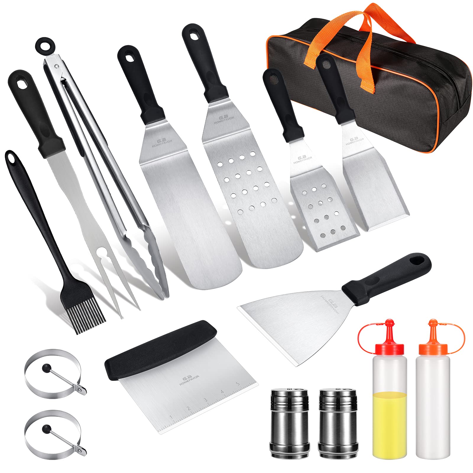 Merysen 16-Piece Professional Griddle Accessories Kit - Stainless Steel Flat Top Grill Tools Set with Spatula, Scraper, Bottle, Tongs & Egg Rings - Perfect for Outdoor BBQ, Camping & Backyard Cooking - Includes Durable Carrying Bag