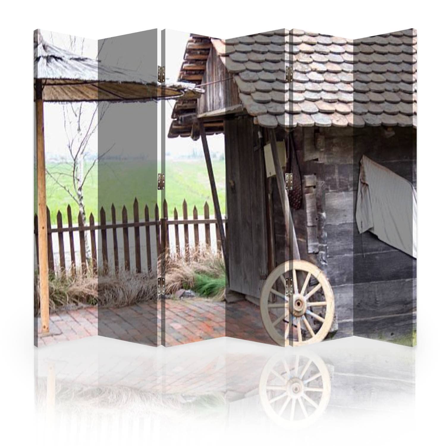 Vintage Farmhouse Canvas Room Divider - 6 Panel Folding Privacy Screen for Home, Office & Events | Rustic Door Design Room Separator & Wall Partition for Bedroom, Living Space & Studio
