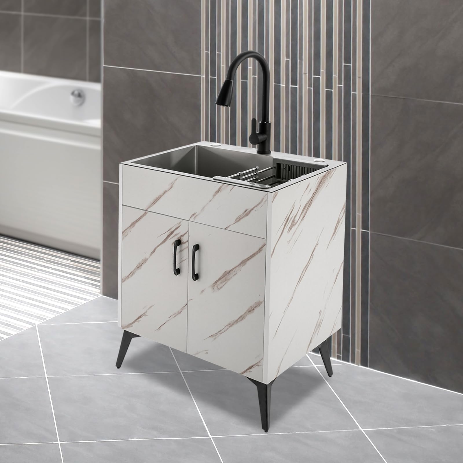 **YIYIBYUS 60 x 45cm Stainless Steel Utility Sink with White Cabinet - Heavy-Duty Laundry Sink for Kitchen, Bathroom, Basement & Utility Room - Perfect for Washing Clothes, Cleaning Tools & Household Chores**