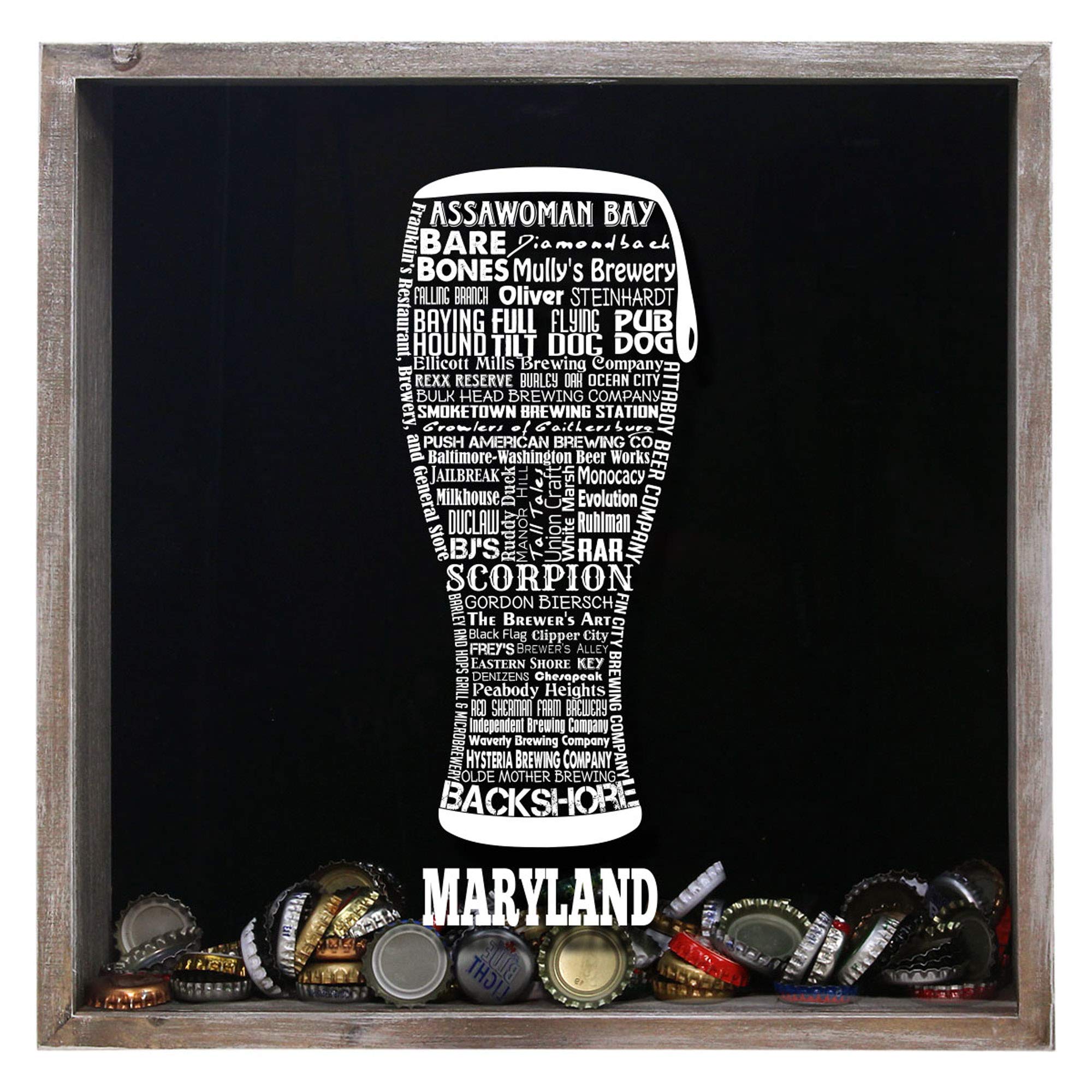 Torched Beer Cap Shadow Box Display - Wall Mounted Hanging Frame for Beer Lovers & Collectors | Unique Maryland-Themed Gift for Men | Perfect for Home Bar, Man Cave & Office Decor