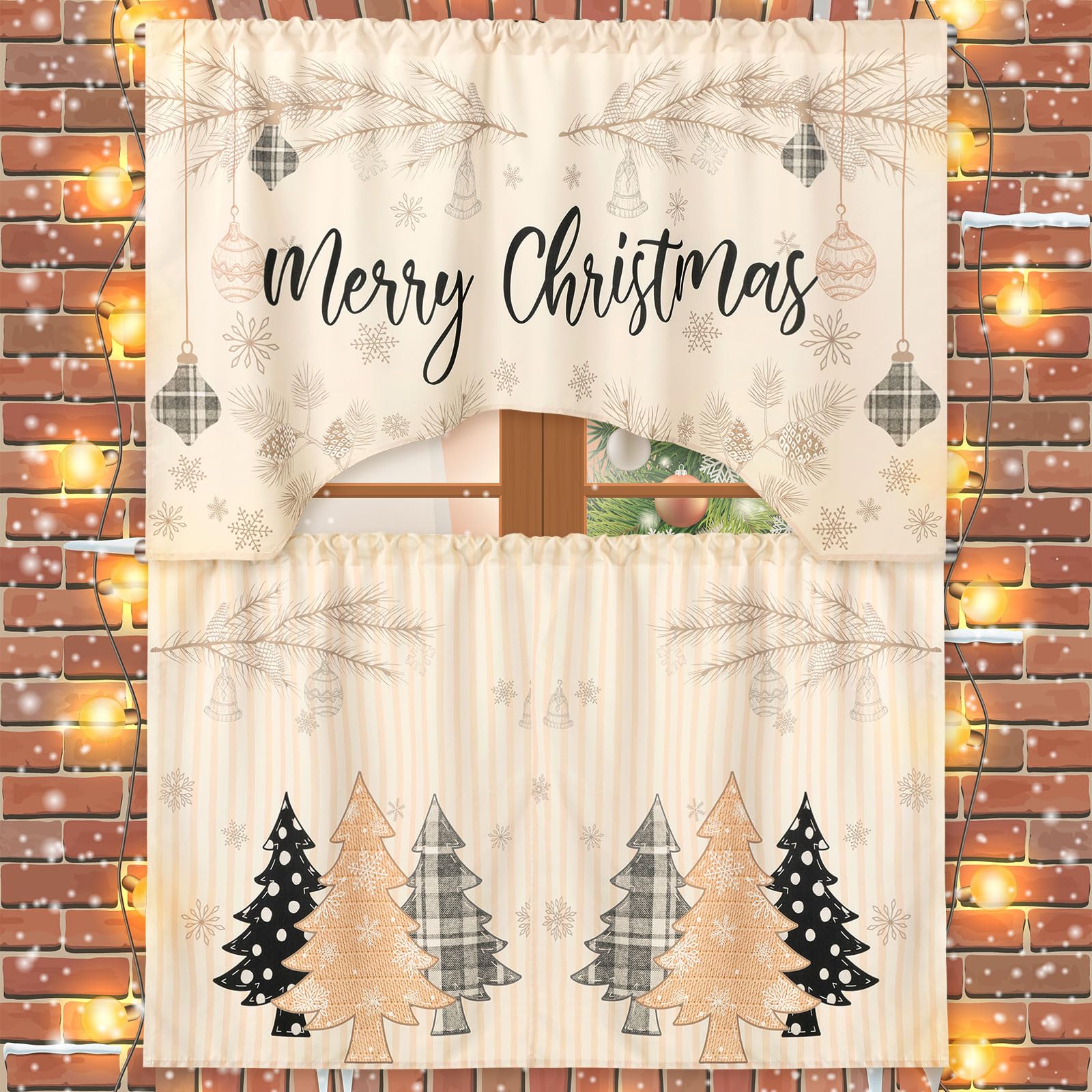 Ganeen 3-Piece Christmas Kitchen Curtain Set - Buffalo Plaid Black & White Polyester Window Tier Curtains with Valance - Farmhouse Holiday Decor for Kitchen Windows, Dining Room, and Christmas Party Decoration