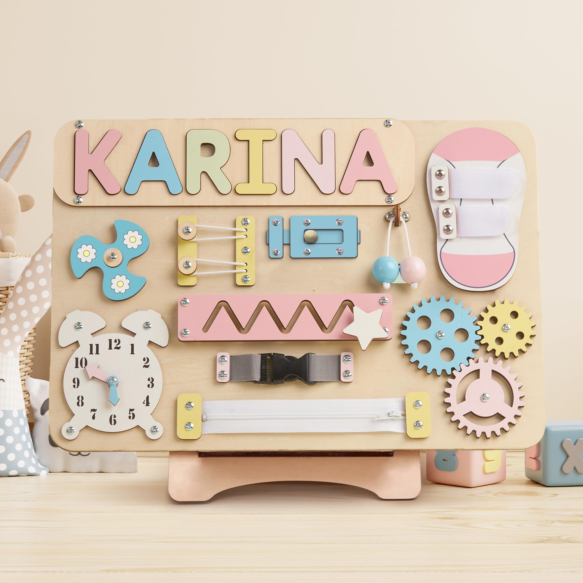 Montessori Wooden Busy Board for Toddlers 1-3 Years Old - Personalized Sensory Toy with Fine Motor Skill Activities | Educational Learning Toy for Baby & Toddler | Perfect Gift for Birthday & Christmas (Pastel Girl Design) - Ideal for Daycare, Preschool & Home Playtime