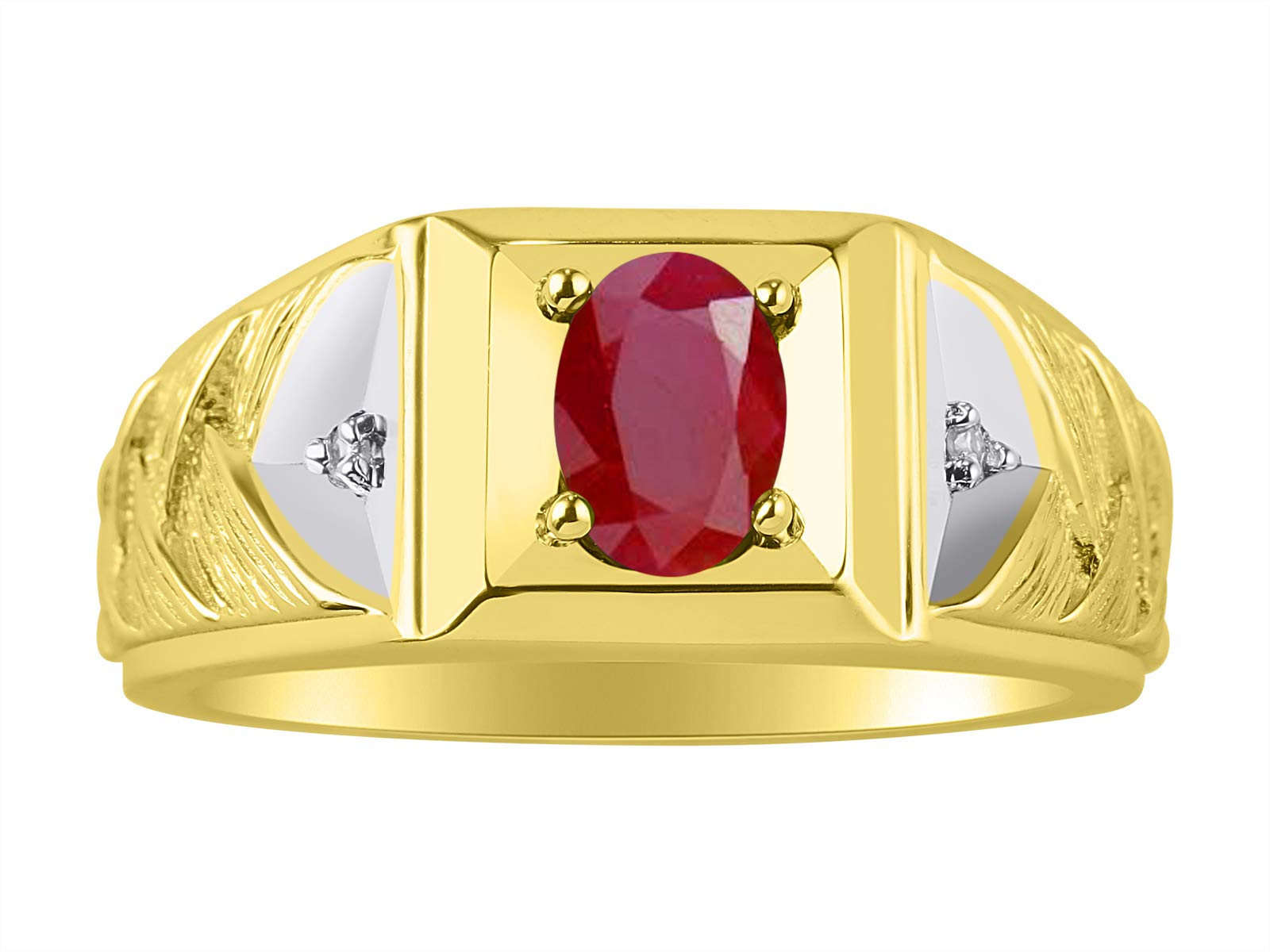 14K Yellow Gold Men's Ring with Genuine Ruby & Diamond - Designer Weave Band 7x5mm Oval Gemstone Ring - July Birthstone Jewelry for Men - Sizes 8-13 - Perfect for Weddings, Anniversaries & Gifts