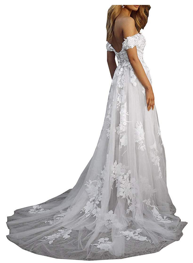 Elegant Off Shoulder Boho Lace Wedding Dress for Women – Romantic Applique Bridal Gown for Beach, Garden & Vintage Weddings