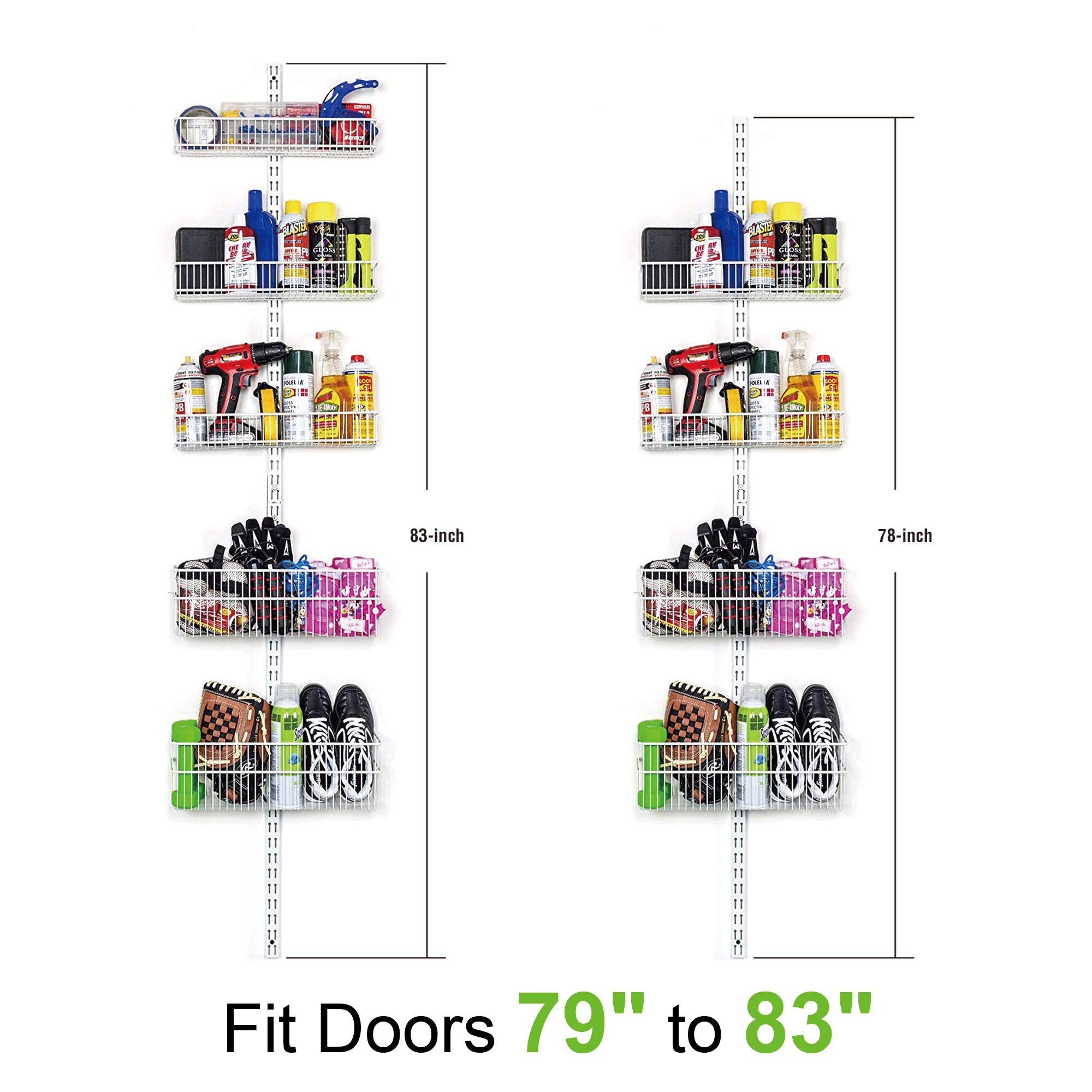 Heavy Duty Carbon Steel Over The Door Pantry Organizer - 5 Wire Baskets for Kitchen, Closet & Bathroom Storage - White 240077E - Perfect for Spice Jars, Cleaning Supplies & Small Item Organization