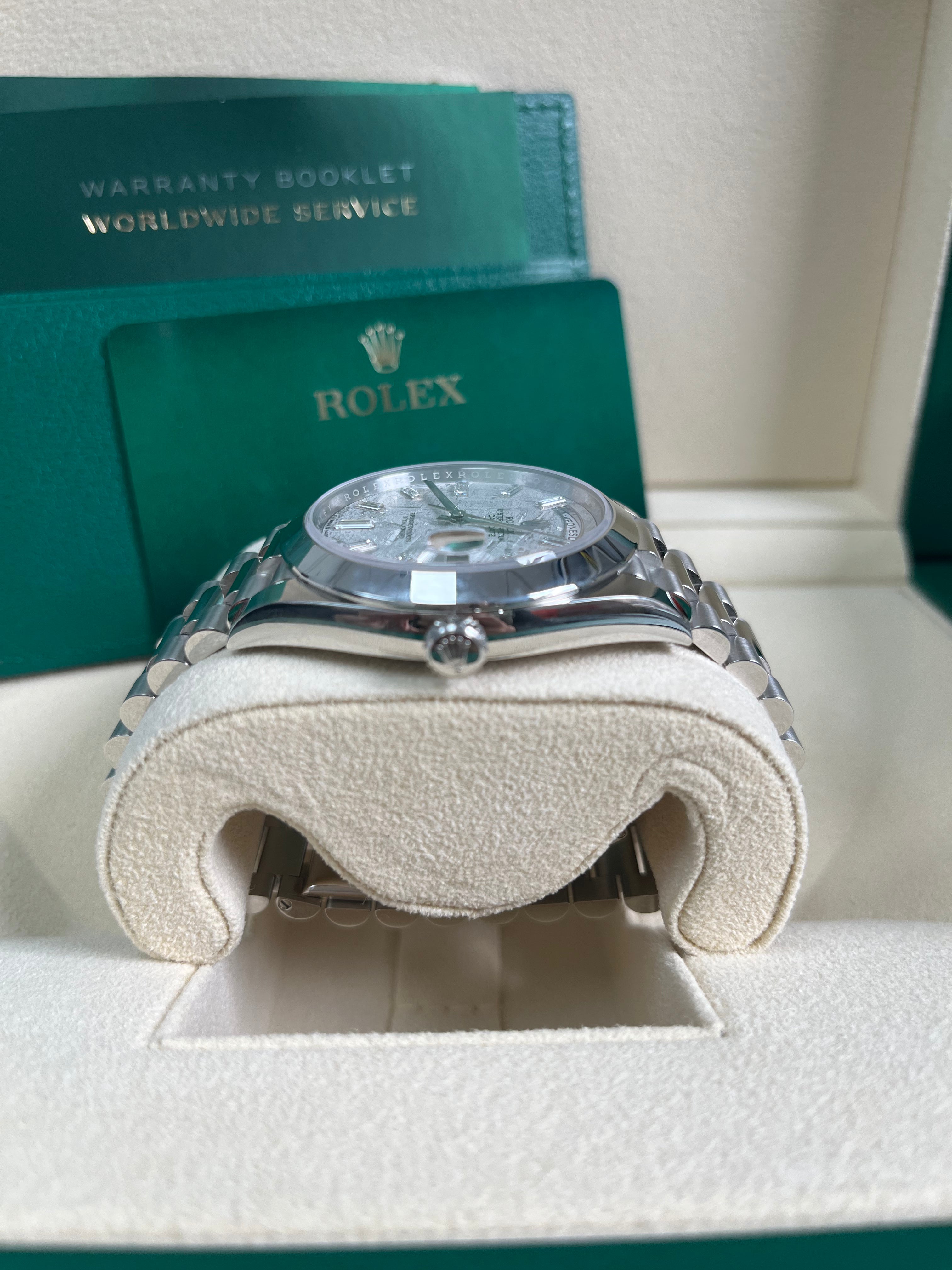 Rolex Day-Date 40 Platinum Watch with Meteorite Baguette Diamond Dial & President Bracelet – Luxury Dress Watch for Business & Formal Events (Model 228206)