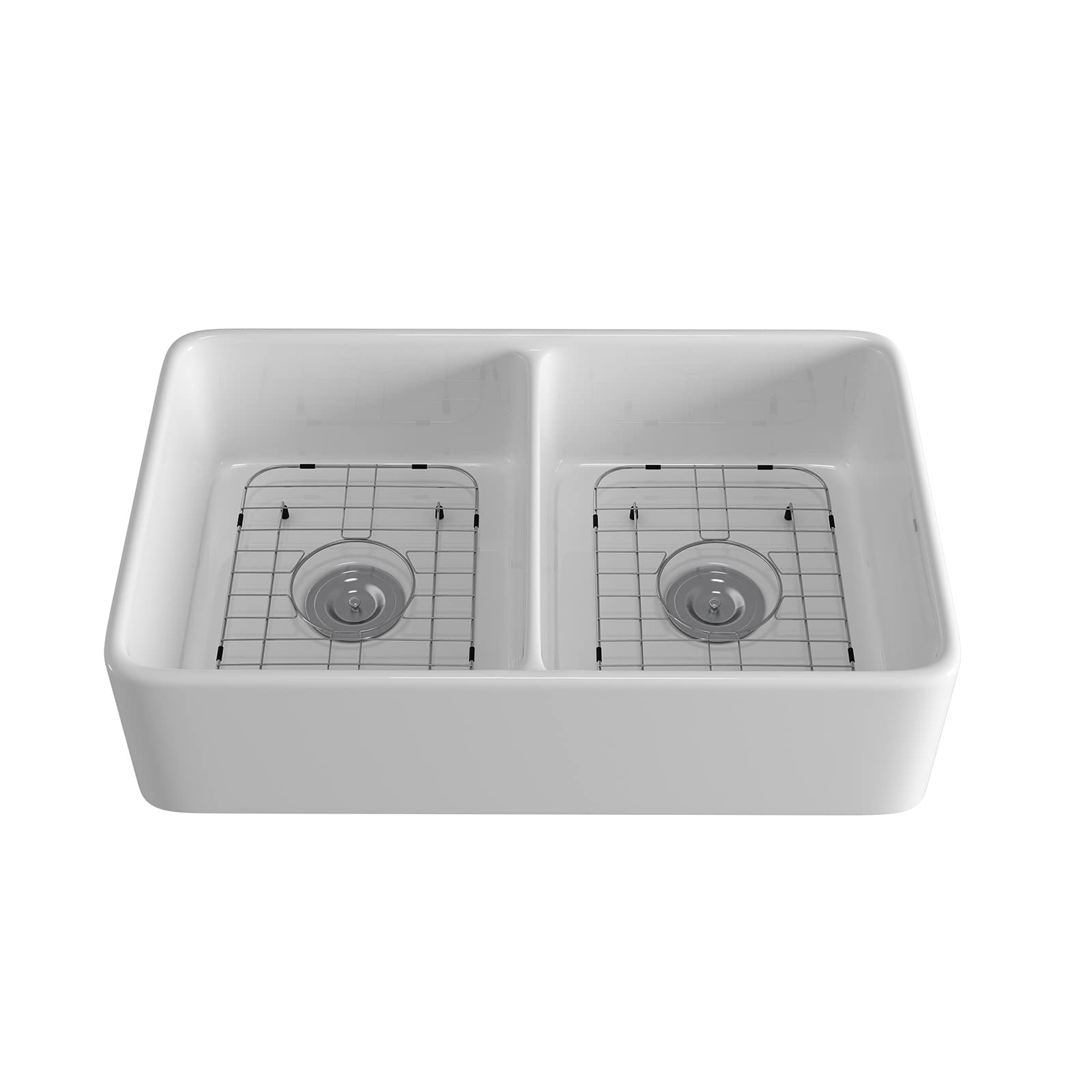 YANGXIN 32-Inch White Ceramic Farmhouse Kitchen Sink - Undermount Double Bowl with Full Height Separator, Apron Front Design, Includes Strainer & Grid - Perfect for Rustic and Modern Kitchens