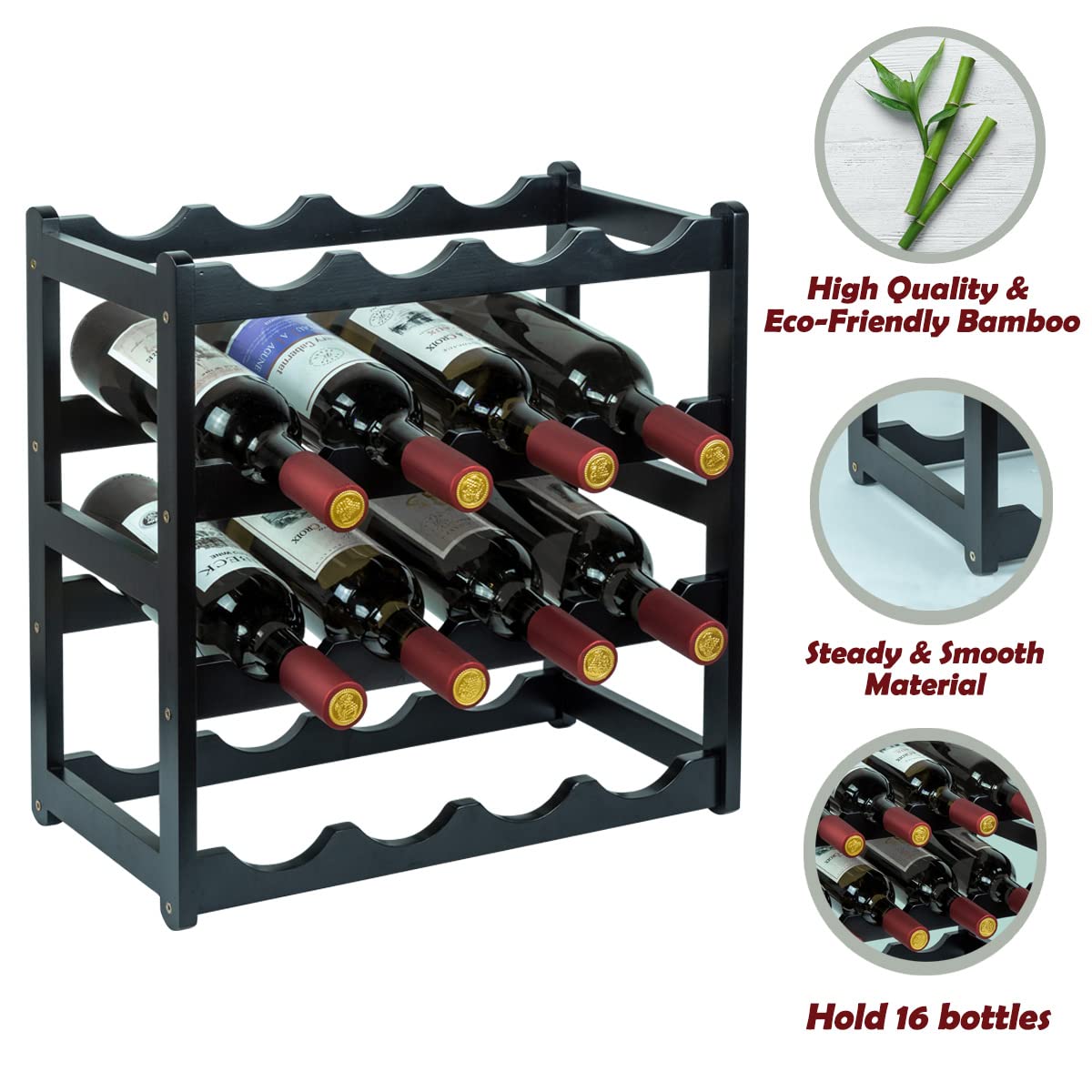 Sturdy 4-Tier Bamboo Wine Rack - Holds 16 Bottles, Durable Countertop Wine Storage Cabinet for Kitchen, Pantry & Dining Room - Black Wine Shelf Organizer for Home Bar & Entertaining