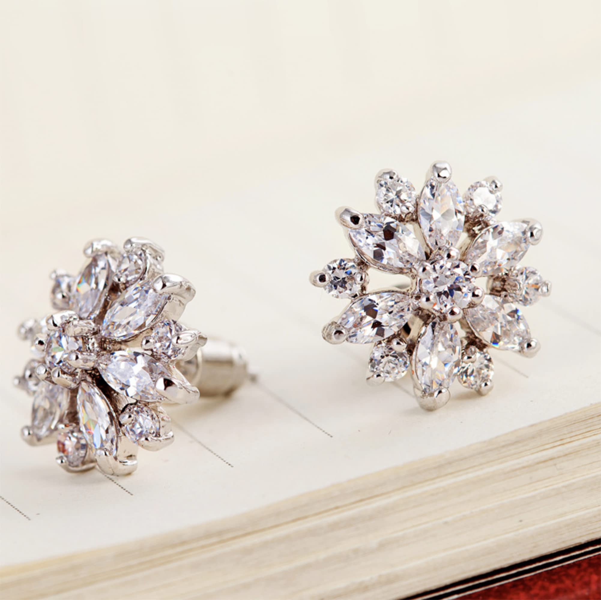 White Gold Plated Sunflower Marquise Cubic Zirconia Crystal Chandelier Rhinestone Stud Earrings for Women & Teens - Elegant Jewelry for Parties, Weddings & Everyday Wear