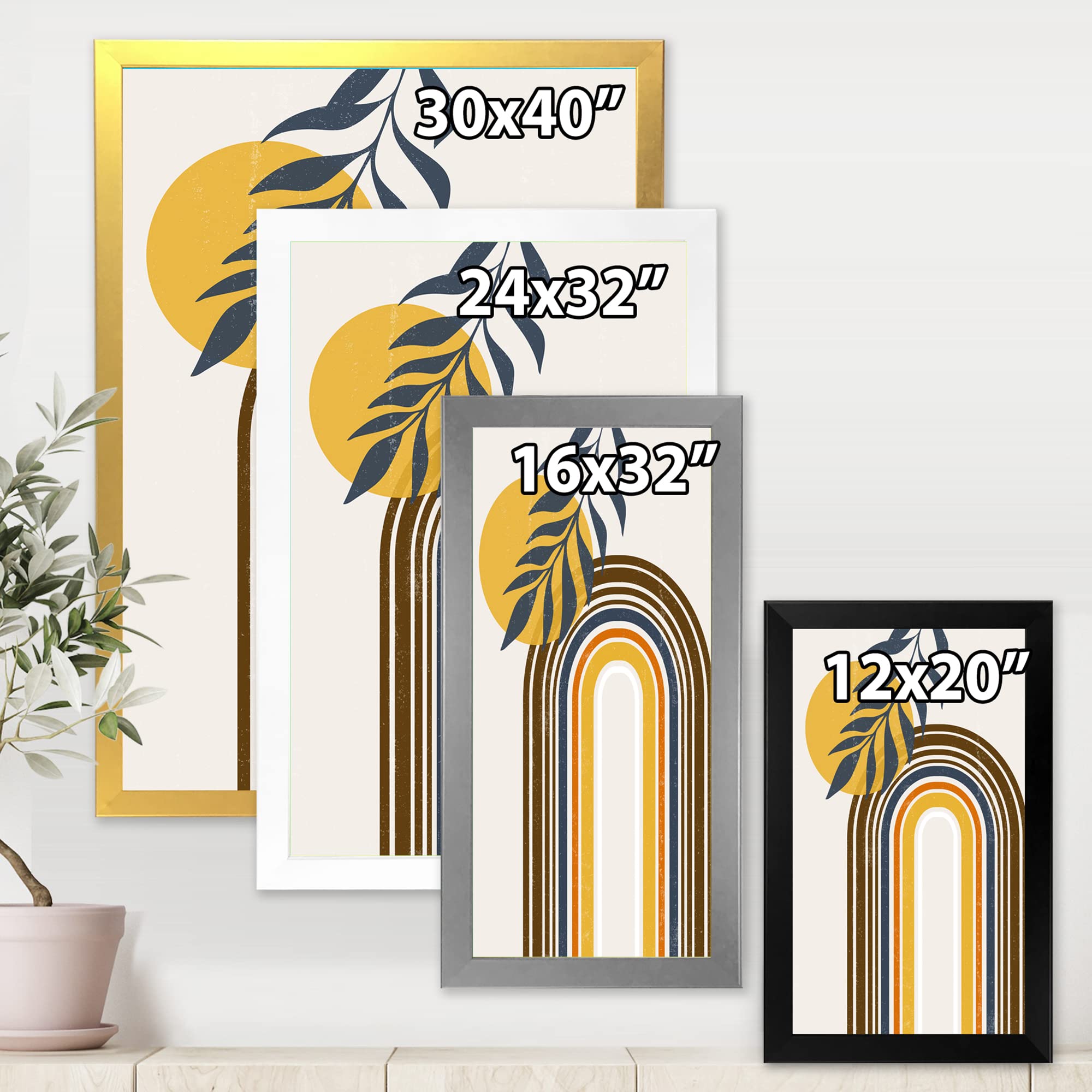 Abstract Sun Moon Leaves II Modern Framed Wall Art - Nature Inspired Home Decor for Living Room, Bedroom & Office