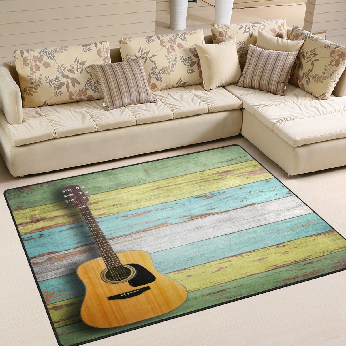 Vintage Guitar Design Wooden Area Rug 7' x 5' - Bohemian Style Non-Slip Living Room Rug, Bedroom Carpet for Home Decor, Music Lover Gift Idea | Perfect for Cozy Spaces, Studio Accent & Guitar Room Decor