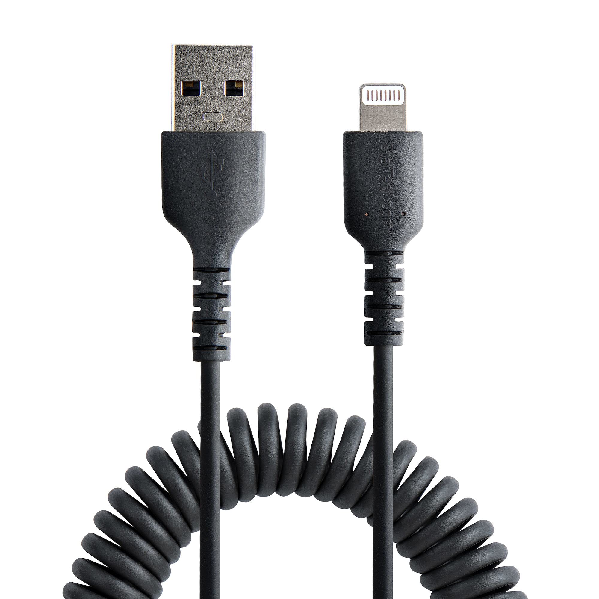 StarTech.com 1m (3ft) USB to Lightning Cable - MFi Certified iPhone Charger - Durable TPE Jacket & Aramid Fiber - Heavy Duty Coiled Design for Home, Office & Travel - Black (RUSB2ALT1MBC)
