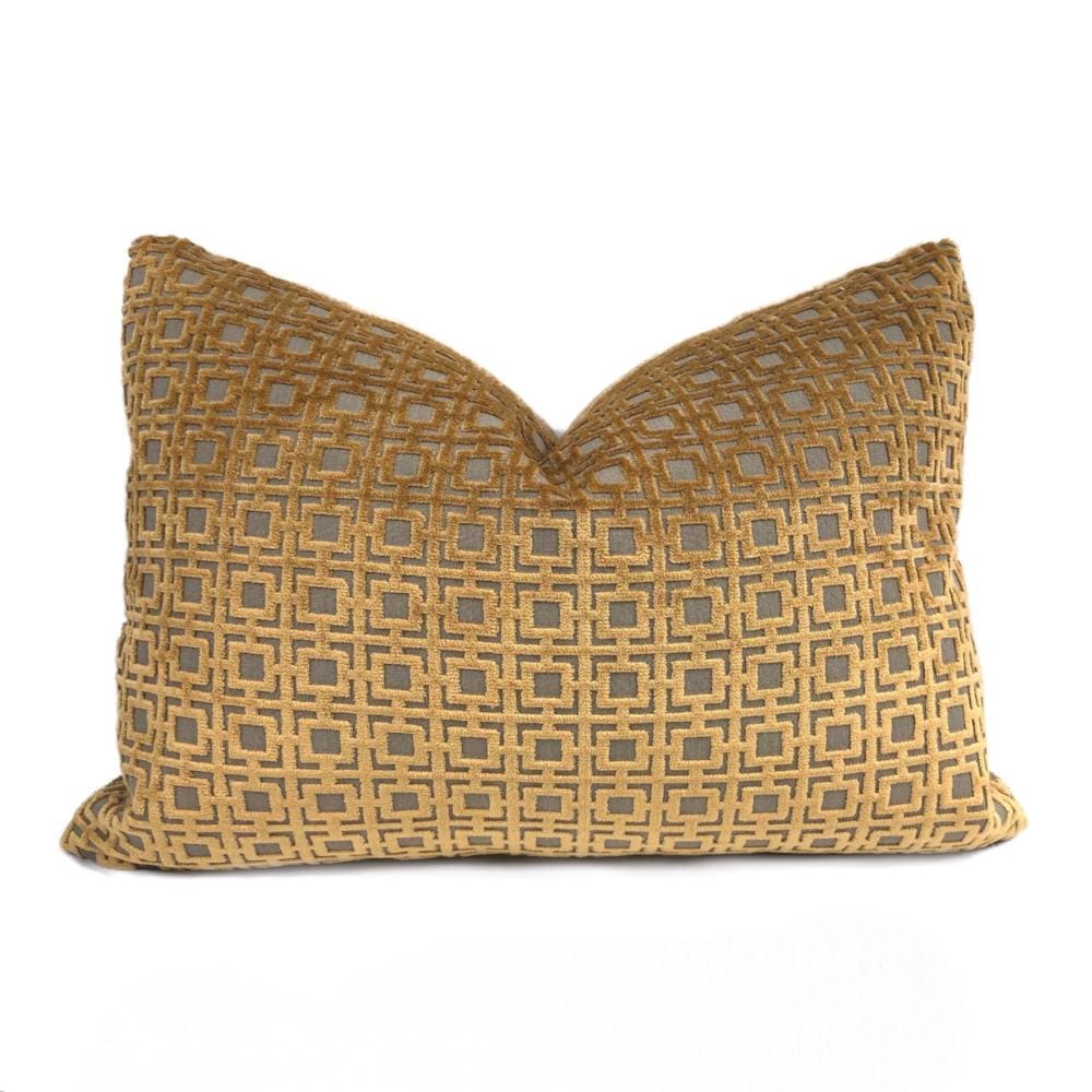 Quattro Amber Gold Geometric Square Lattice Cut Velvet Pillow Cover - Luxury Decorative Throw Pillow Case for Sofa, Bed & Home Decor