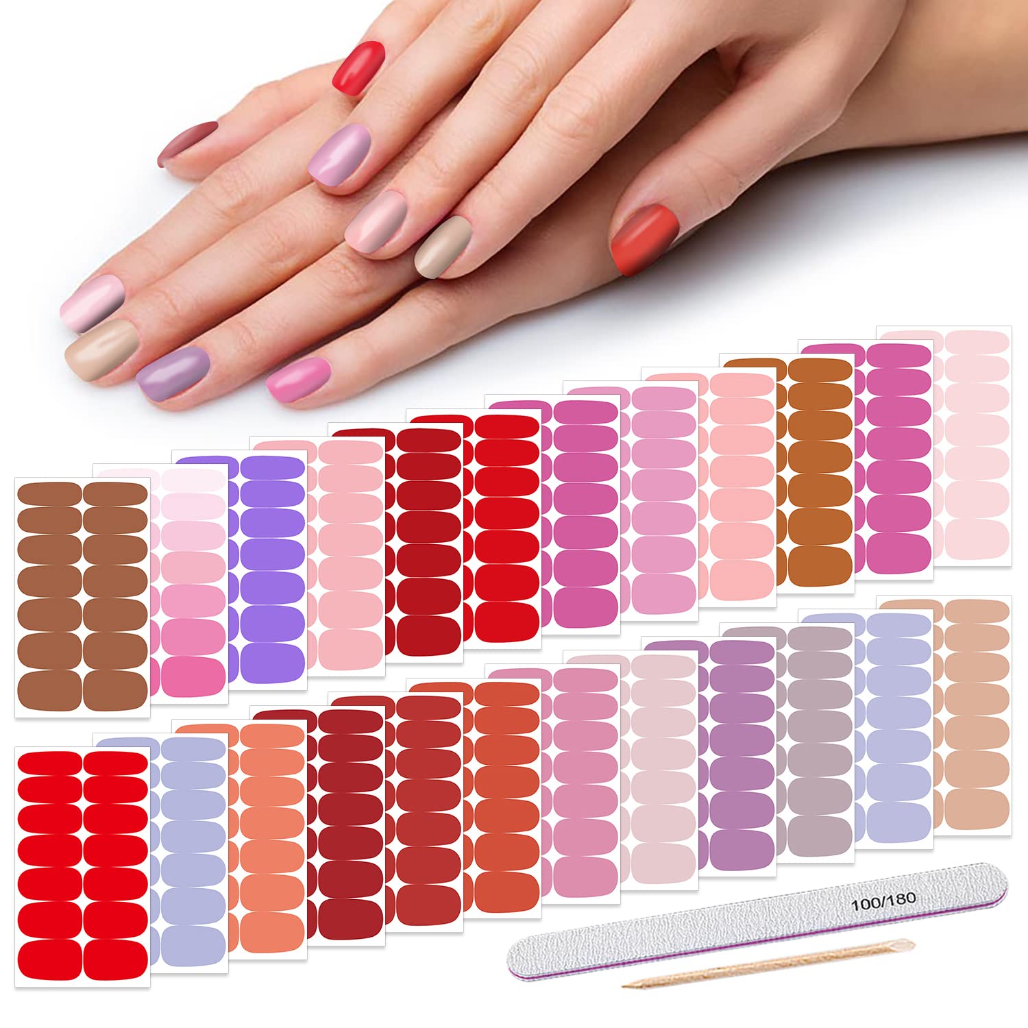 DANNEASY 24 Sheets Red Pink Nail Polish Strips - Self Adhesive Nail Wraps & Polish Stickers for Women & Girls - Includes Nail File & Cuticle Stick - Perfect for DIY Nail Art, Parties & Gifts
