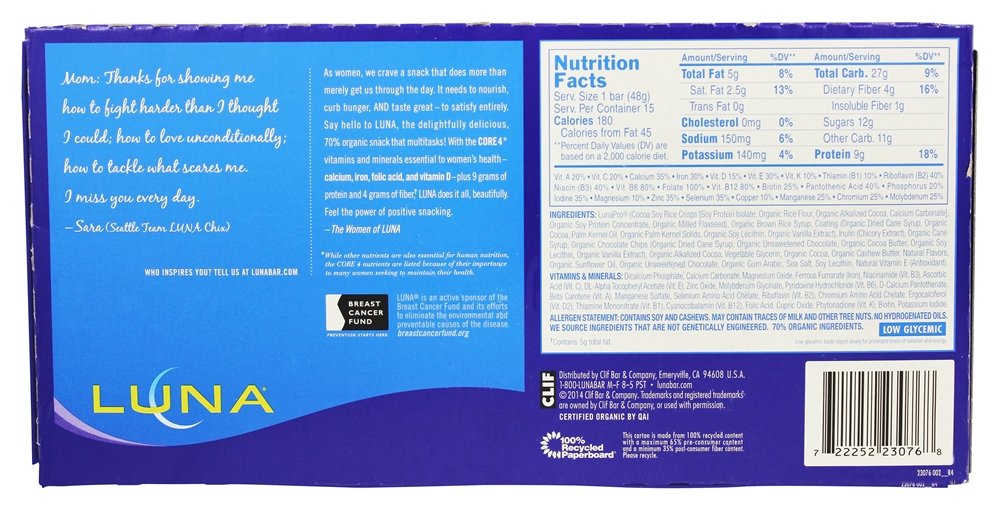 LUNA BAR Gluten Free Protein Snack Bars - Chocolate Cupcake Flavor, 8g Plant-Based Protein, Non-GMO, Vegan - Healthy On-the-Go Snacks for Workouts, Hiking & Travel (1.69oz, 30 Count Pack)