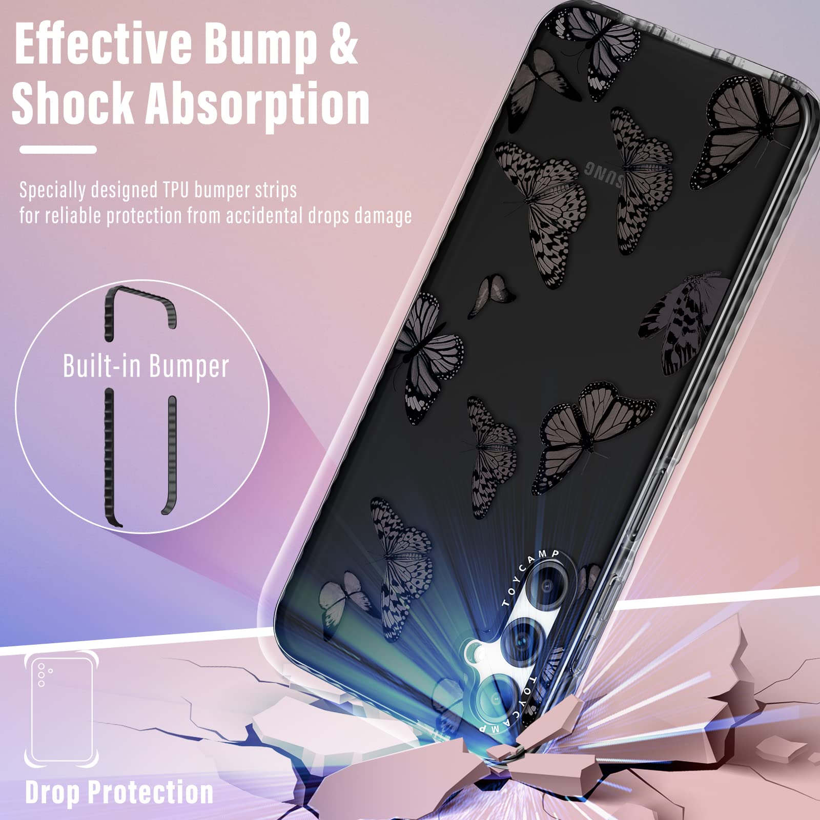Samsung Galaxy A14 5G Case with Ring Holder - Cute Black Butterflies Design Protective Phone Cover for Women & Girls | Perfect for Daily Use, Work, and Travel