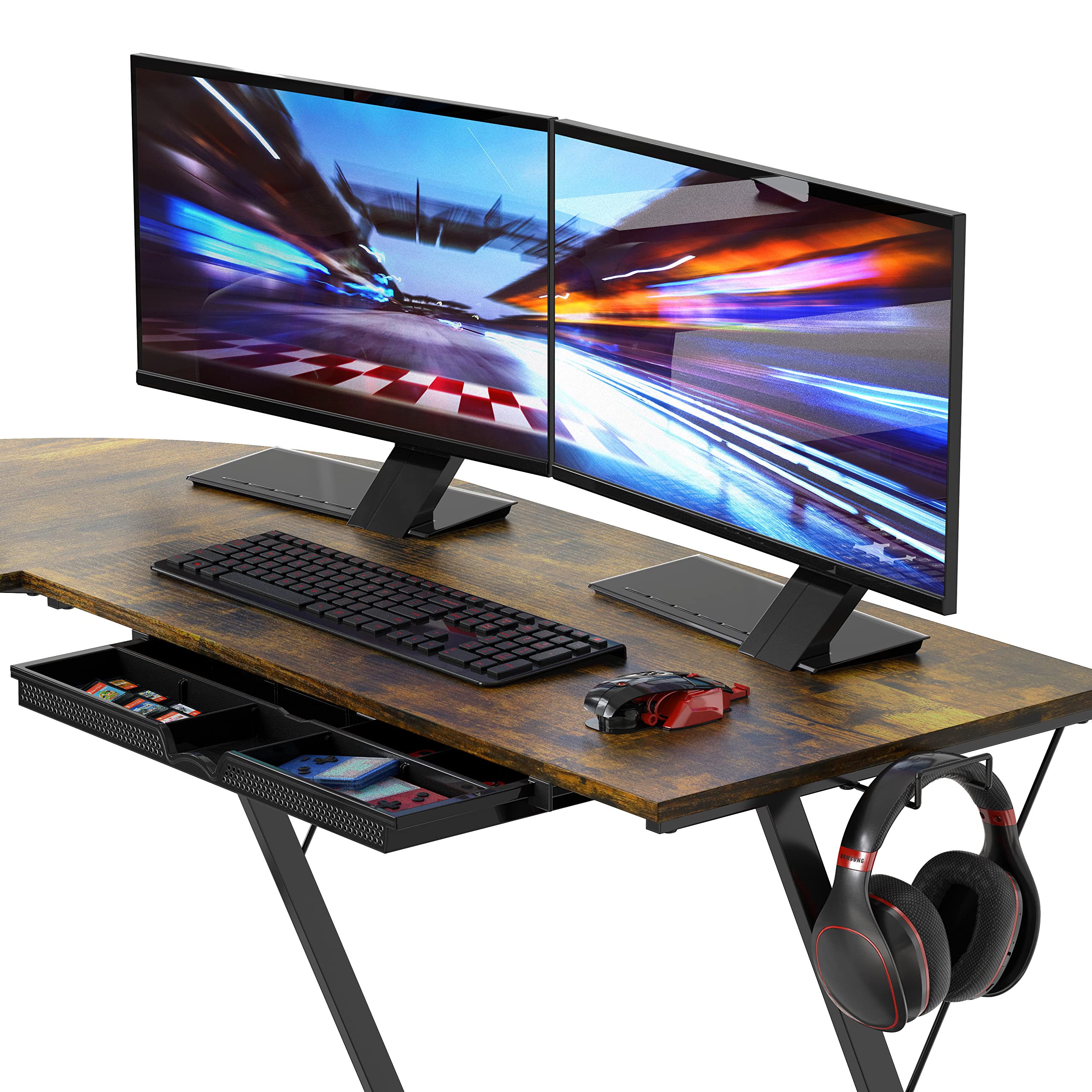 SHW Vista L-Shape Computer Desk with Monitor Stand - Rustic Brown Home Office Desk for Gaming & Workstation Setup | Perfect for Small Spaces & Corner Work Areas