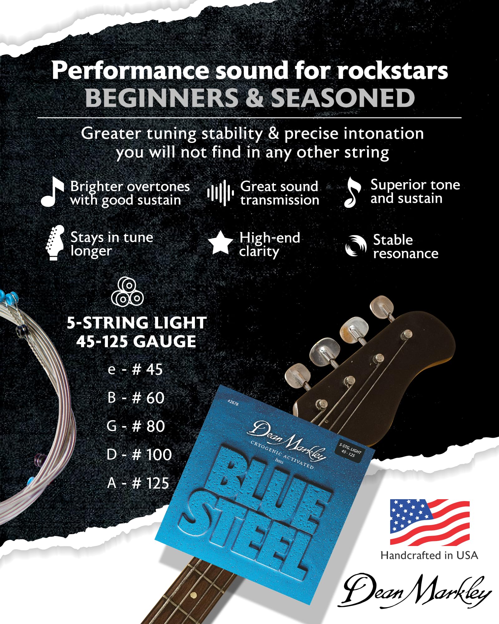 Dean Markley 2678 Blue Steel Electric Bass Guitar Strings - 45-125 Light Gauge, Cryogenically Treated for Extended Durability | Perfect for Rock, Jazz & Studio Recording