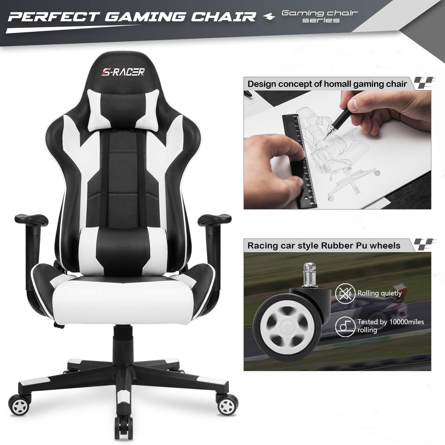 Furniwell Ergonomic Gaming Chair - High Back PU Leather Office Chair with Adjustable Headrest & Lumbar Support, Swivel Computer Desk Chair for Home & Office Use (White) - Perfect for Gaming, Working & Studying
