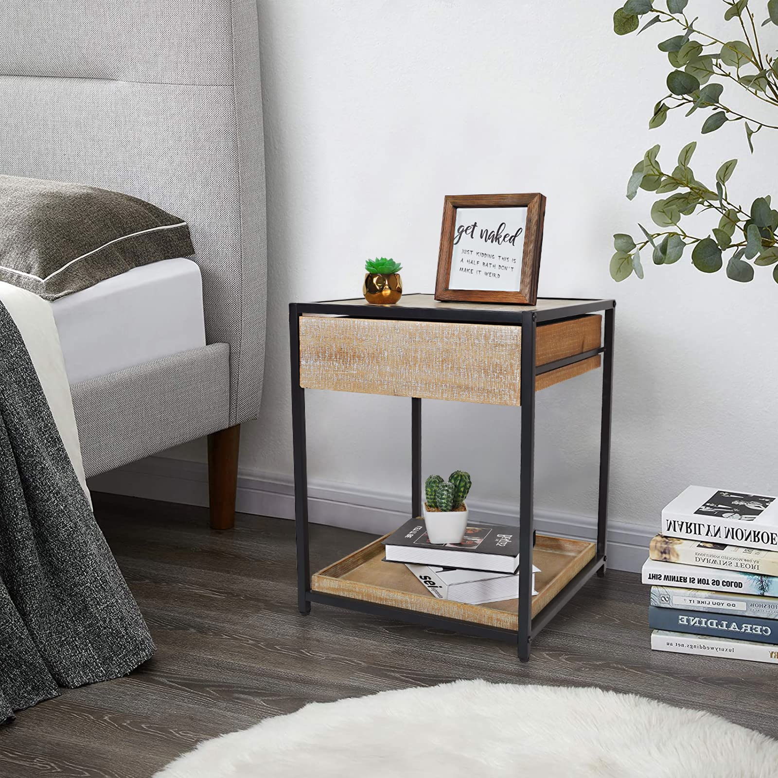 2-Tier Industrial Square End Table with Mesh Shelf - 20