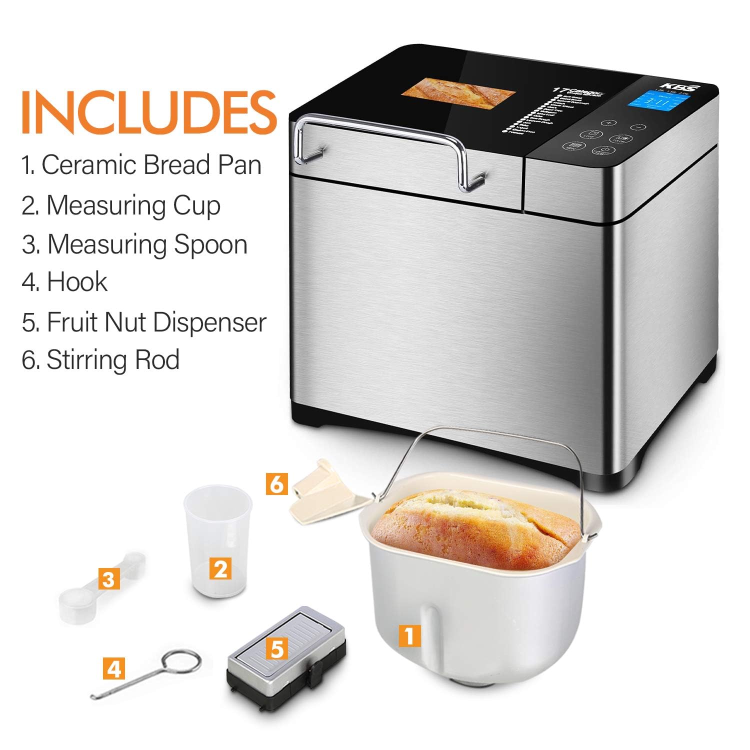 **KBS 17-in-1 Bread Maker Machine - 2LB Stainless Steel Bread Machine with Fruit Nut Dispenser, Nonstick Ceramic Pan, Digital Touch Panel, 710W, 15-Hour Timer, 1-Hour Keep Warm - 3 Sizes & 3 Colors - Perfect for Homemade Bread, Gluten-Free Baking & Family Breakfasts**