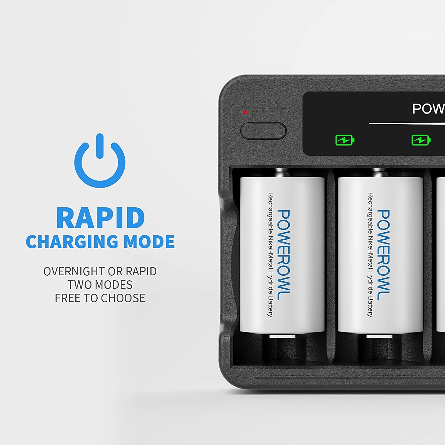 POWEROWL 4 Bay USB Rechargeable D Batteries with Charger - Quick Charge for AA AAA C D Ni-MH Batteries (4-Pack) - Ideal for Flashlights, Toys, Cameras & Emergency Power Backup