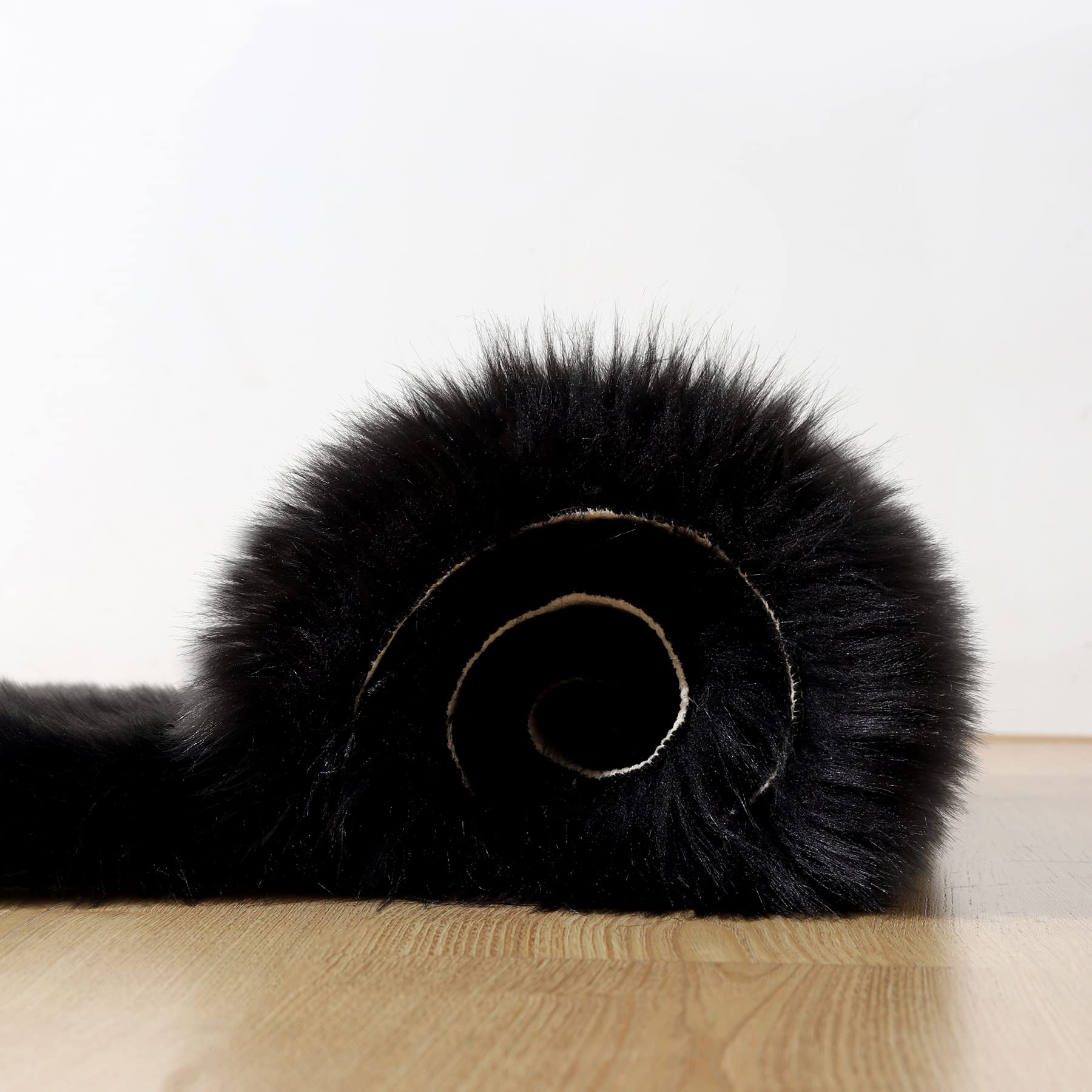 Soft Faux Fur Rug 2x6 ft - Black Sheepskin Plush Carpet, Washable Fluffy Coarse Wool Runner for Bedroom, Living Room & Sofa | Perfect for Floor Decor, Cozy Blanket & Bedside Mat