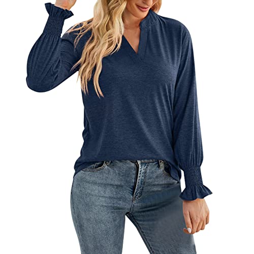 Women's Casual V-Neck Loose Fit Solid Color Ruffled Long Sleeve Blouse Top - Comfortable T-Shirt for Everyday Wear (Navy, Small) | Perfect for Office, Dating & Weekend Outfits
