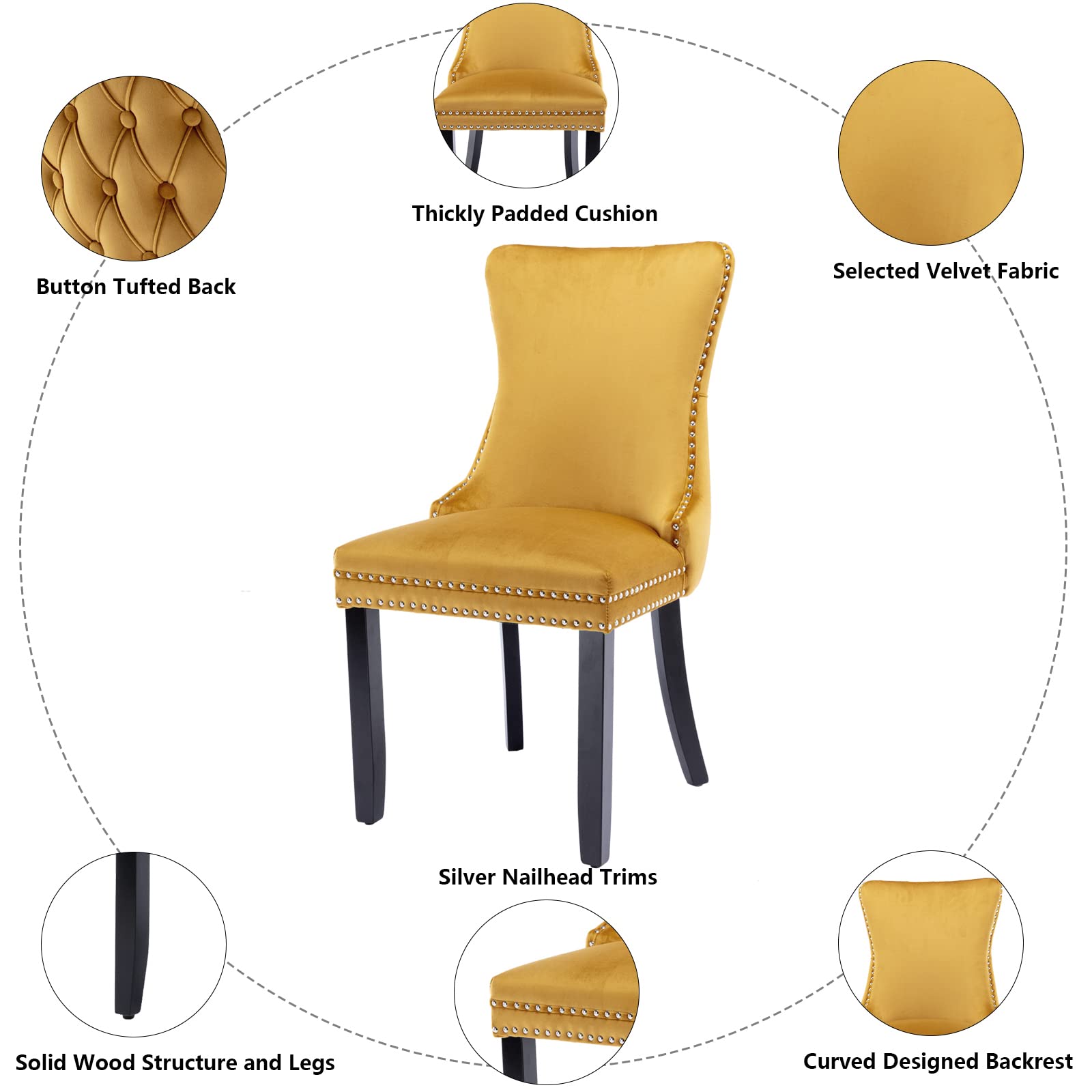 Luxury Velvet Upholstered Dining Chairs Set of 2 - Wingback Accent Chairs with Solid Wood Legs & Nailhead Trim - Elegant Button Tufted Back for Kitchen, Dining Room - Golden Yellow - Perfect for Modern Home Decor & Dinner Parties