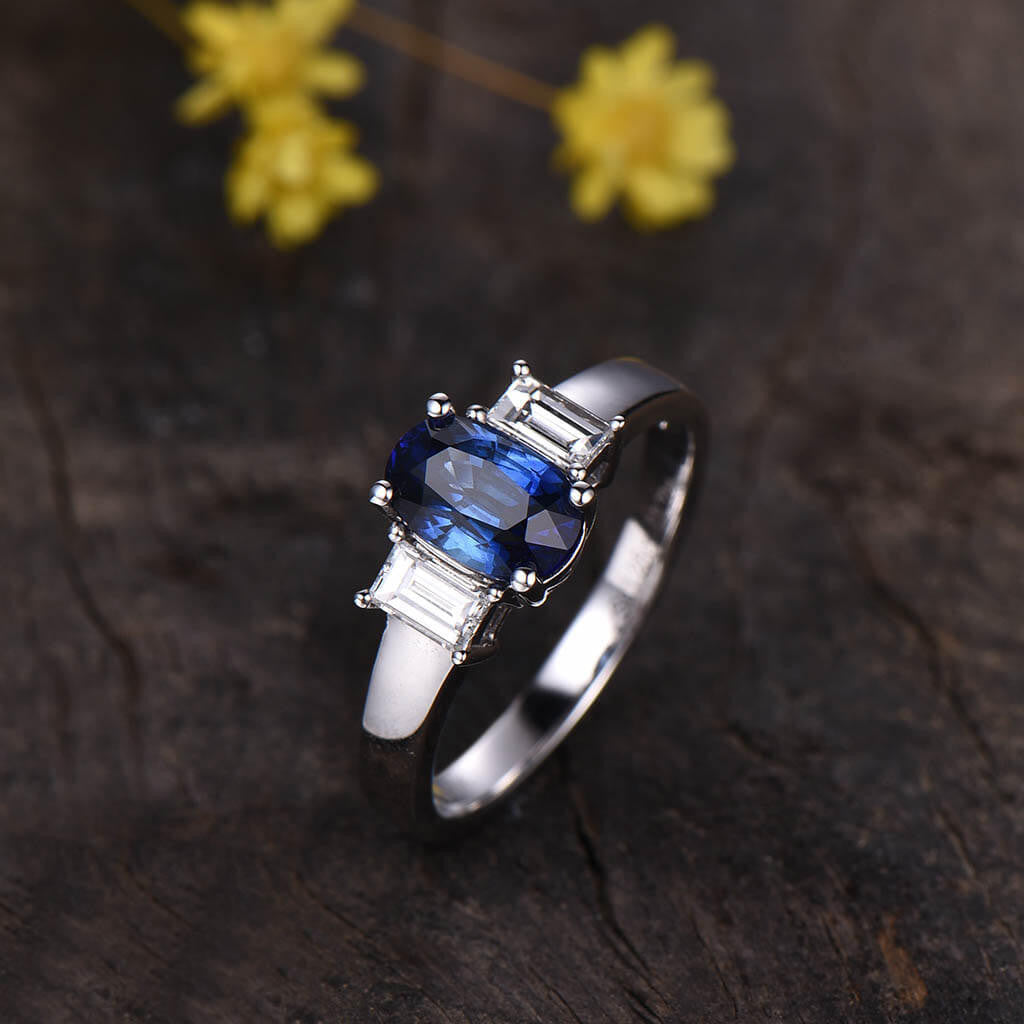 Vintage Natural Oval Cut Sapphire and Baguette Cut Moissanite Three Stone Engagement Ring for Women - Perfect for Proposals, Anniversaries, and Wedding Bands