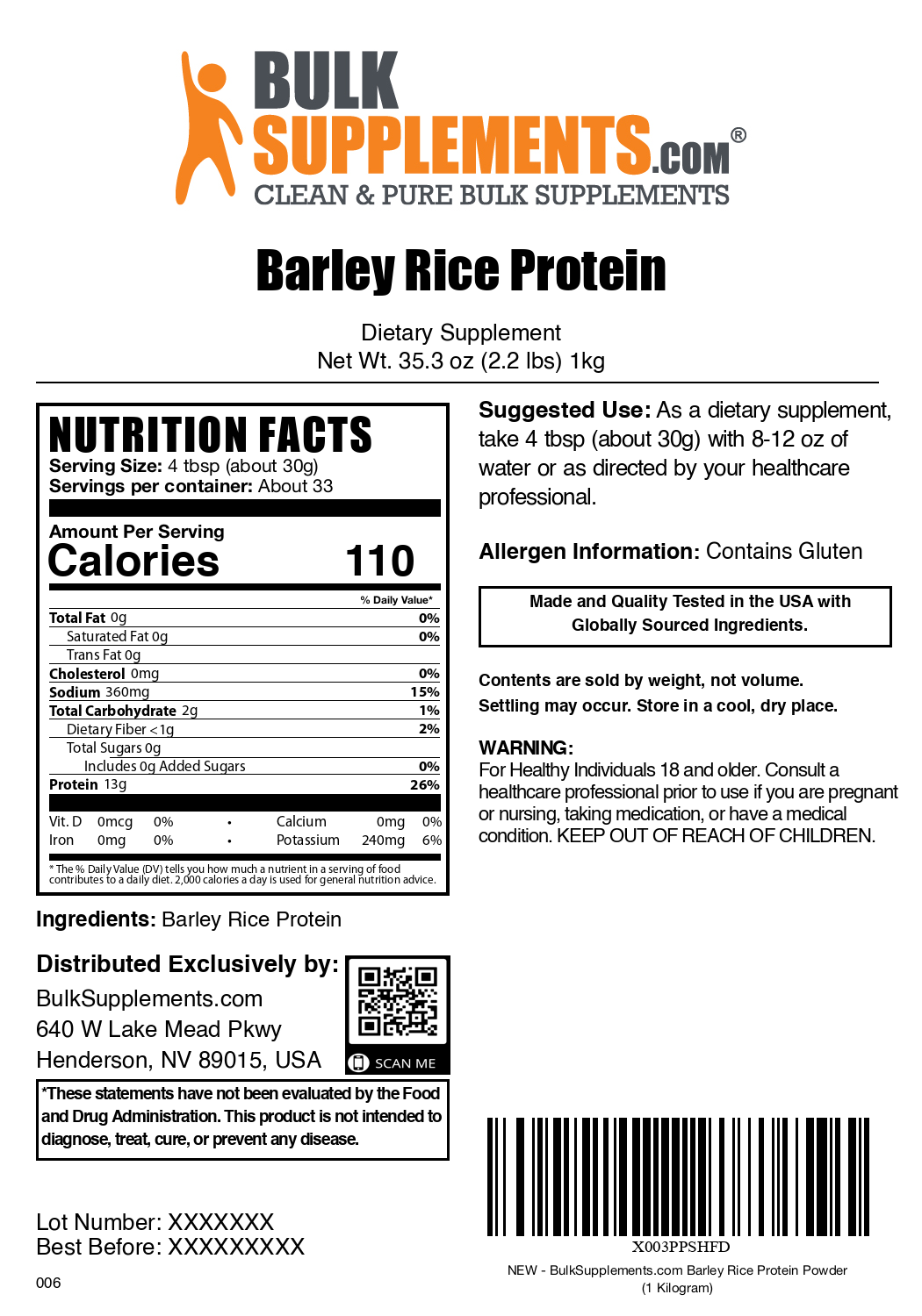 Organic Barley Rice Protein Powder - Plant-Based Vegan Protein Supplement for Smoothies, Baking & Post-Workout Recovery - Gluten-Free & Non-GMO