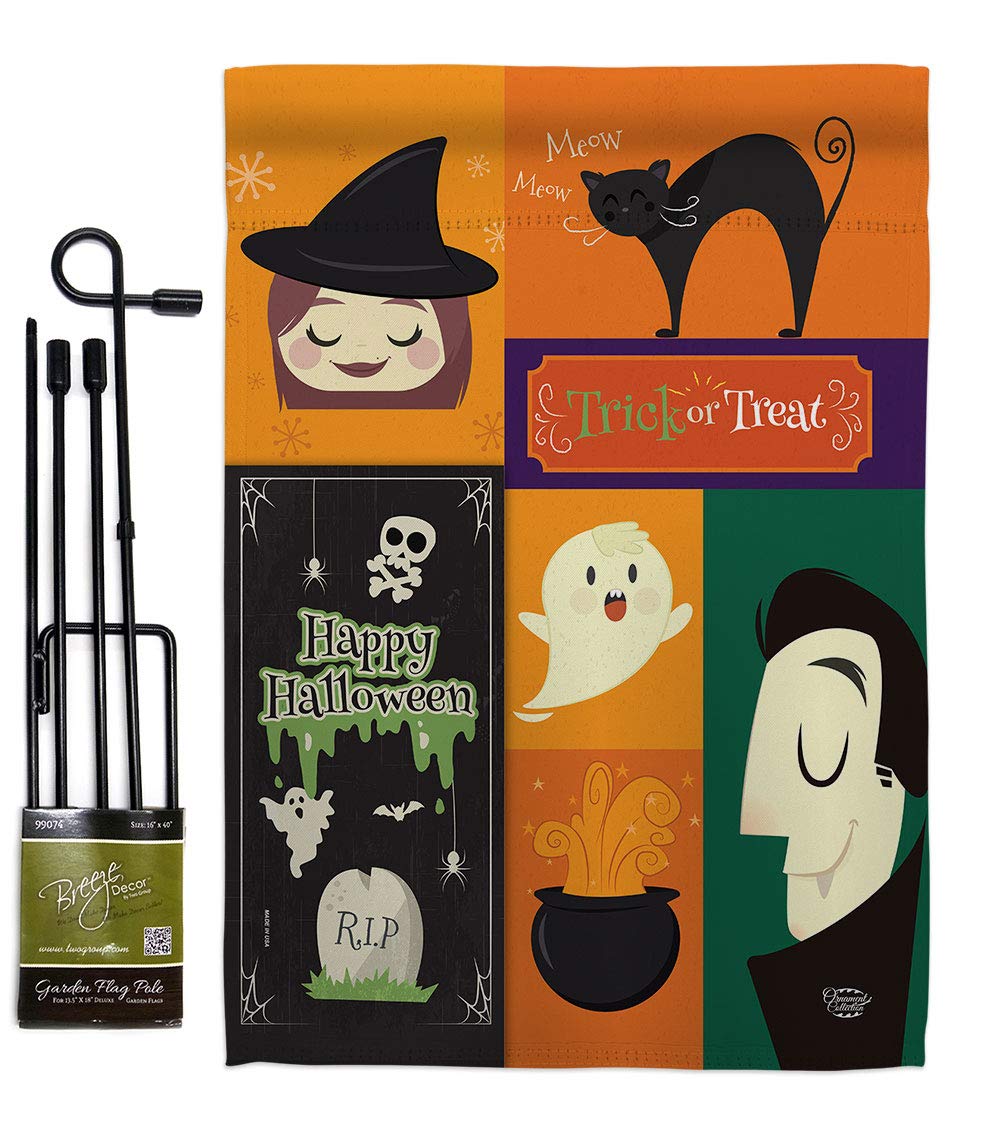 Halloween Trick or Treat Garden Flag Set with Stand - Spooky Witch & Black Cat Decor for Yard