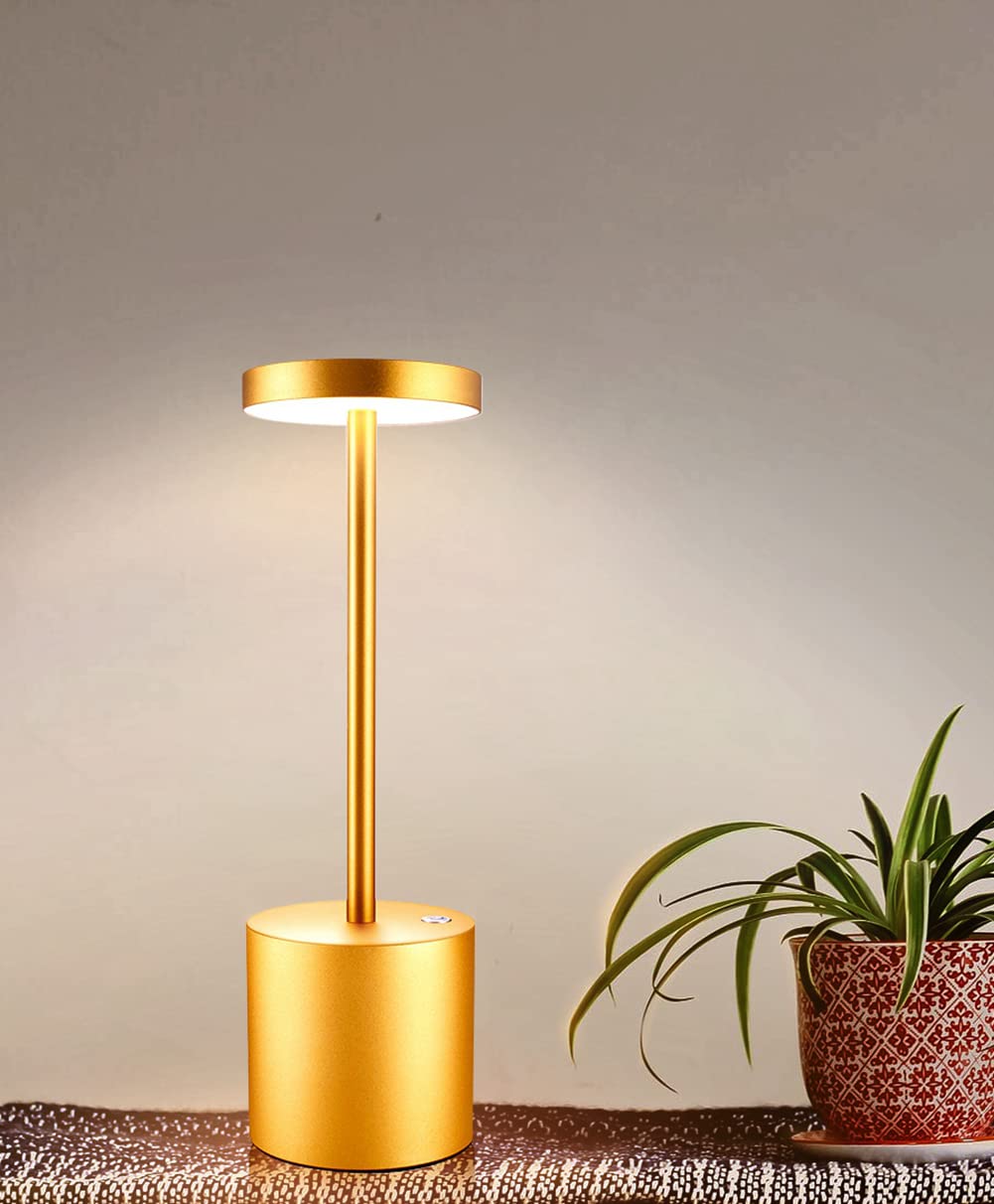 Seihoae Cordless LED Table Lamp - 5000mAh Rechargeable Battery, All Metal Body, 3-Level Dimmable Brightness, Gold Finish | Perfect for Romantic Dinners, Coffee Shops, Restaurants, Bedroom Night Light & Buffet Table Decor